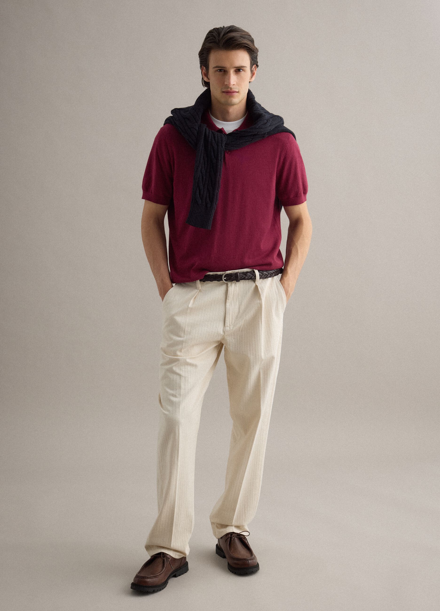 Red regular fit polo shirt in a cotton, linen and silk blend