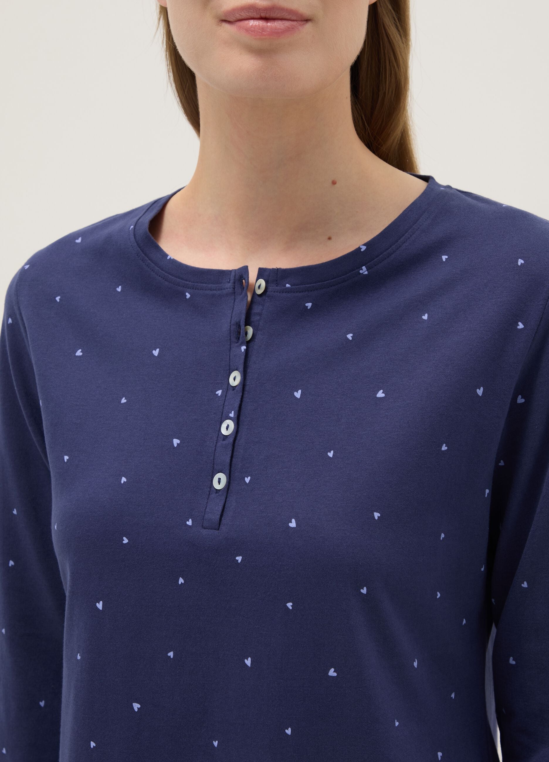 Blue pure cotton nightdress with hearts and serafina collar