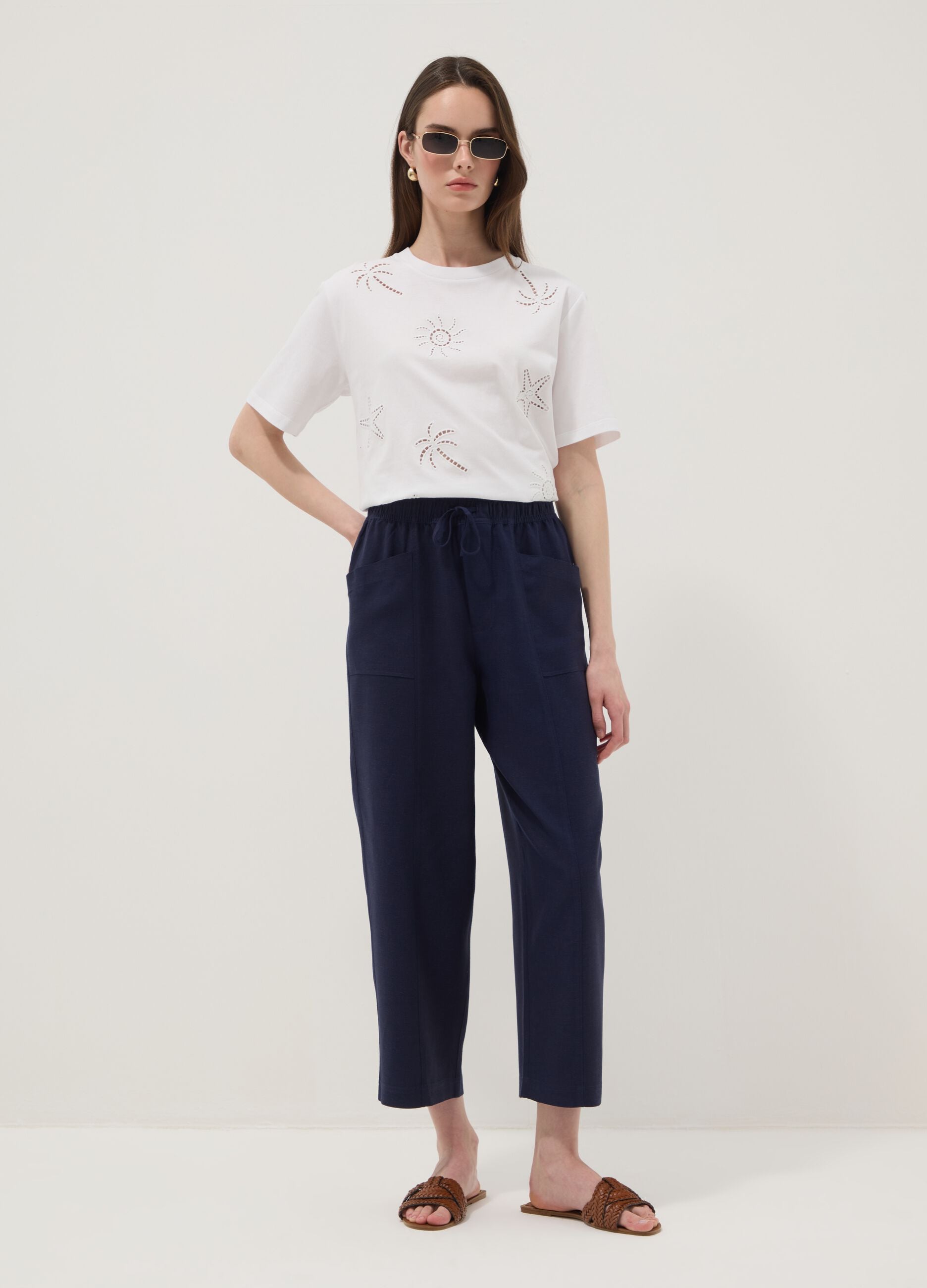 White pure cotton T-shirt with broderie anglaise embroidery, regular fit