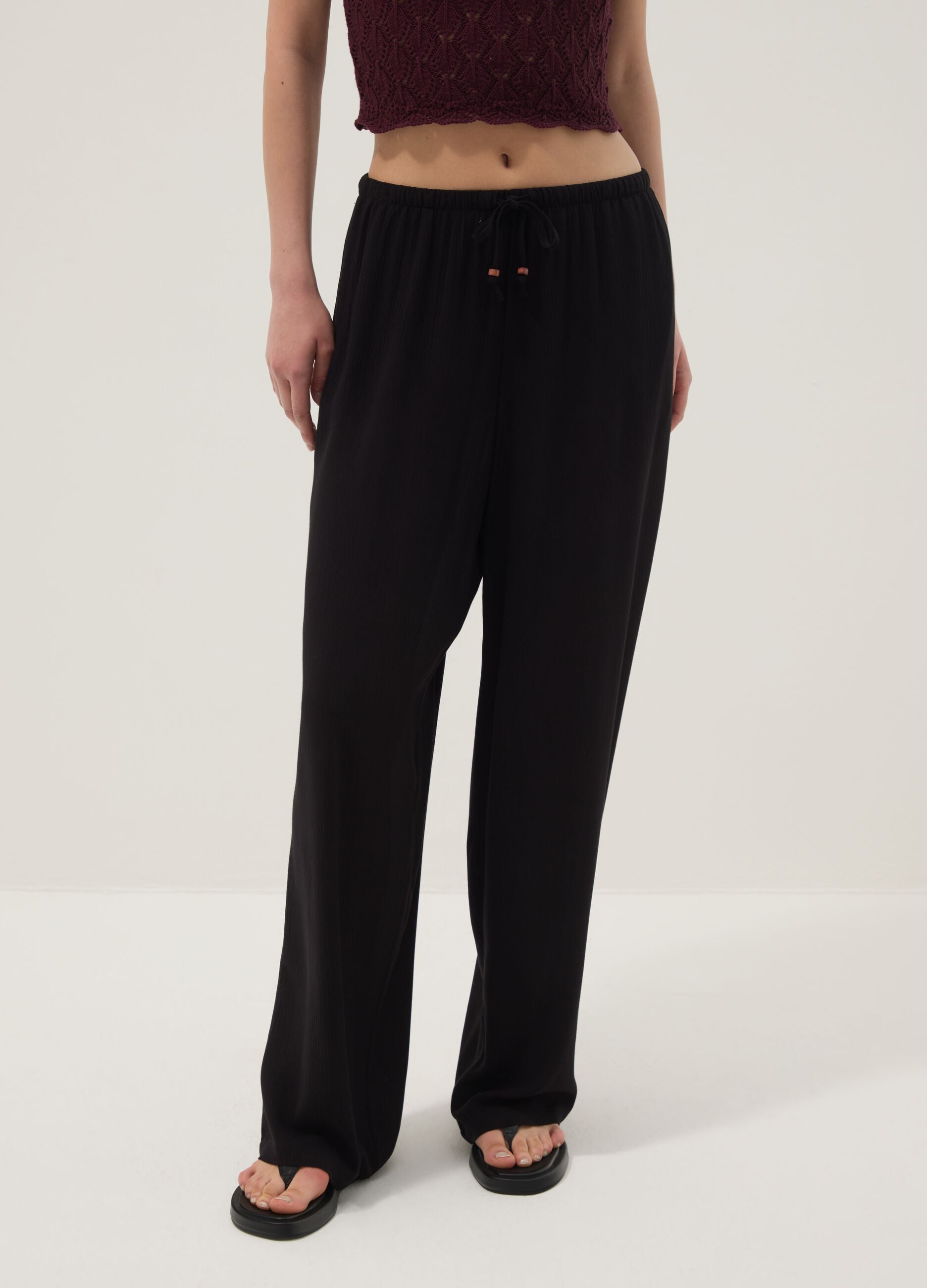 Black pure viscose trousers with drawstring, relaxed fit