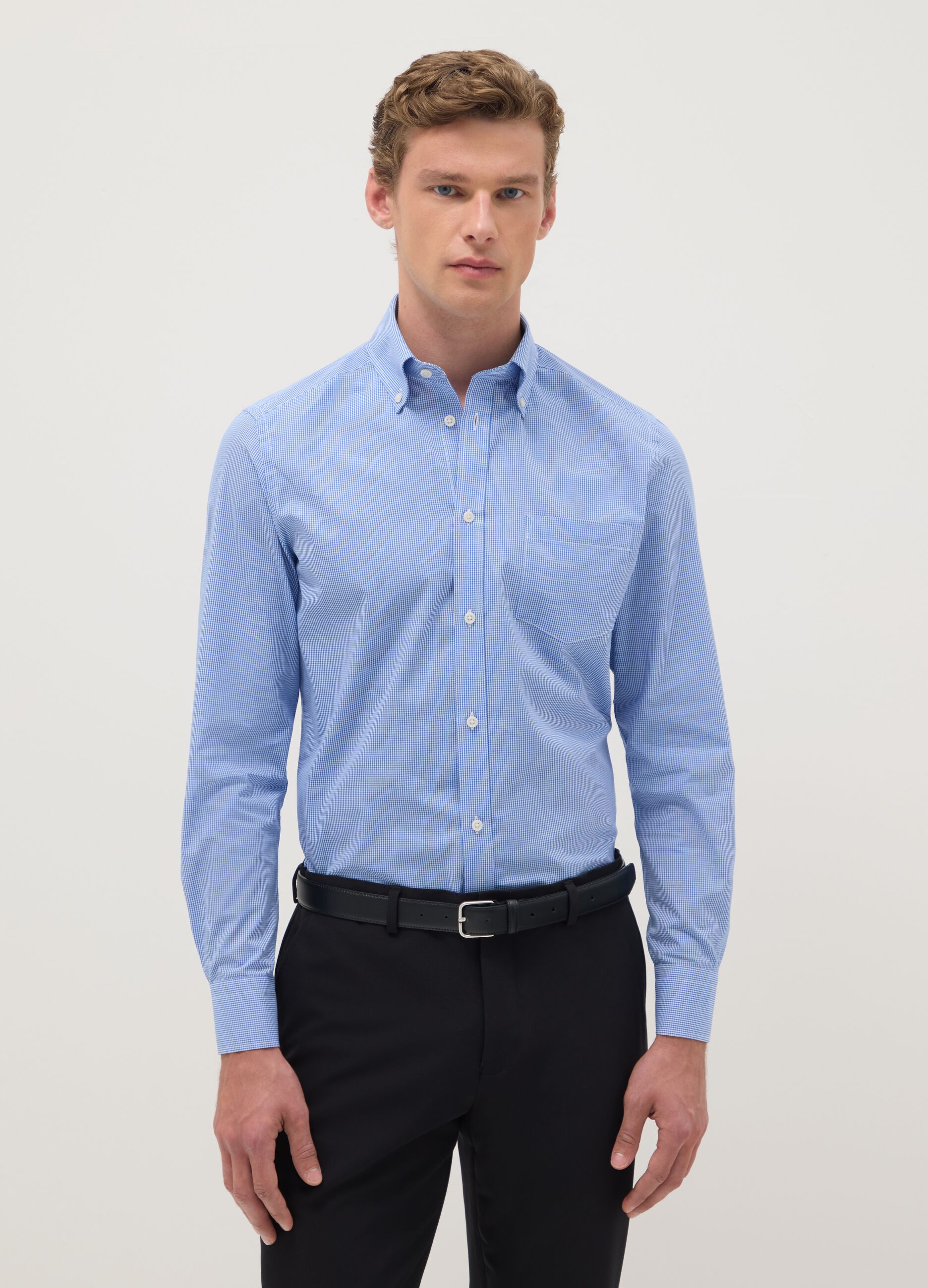 Multicolour checked long-sleeve slim fit cotton blend shirt