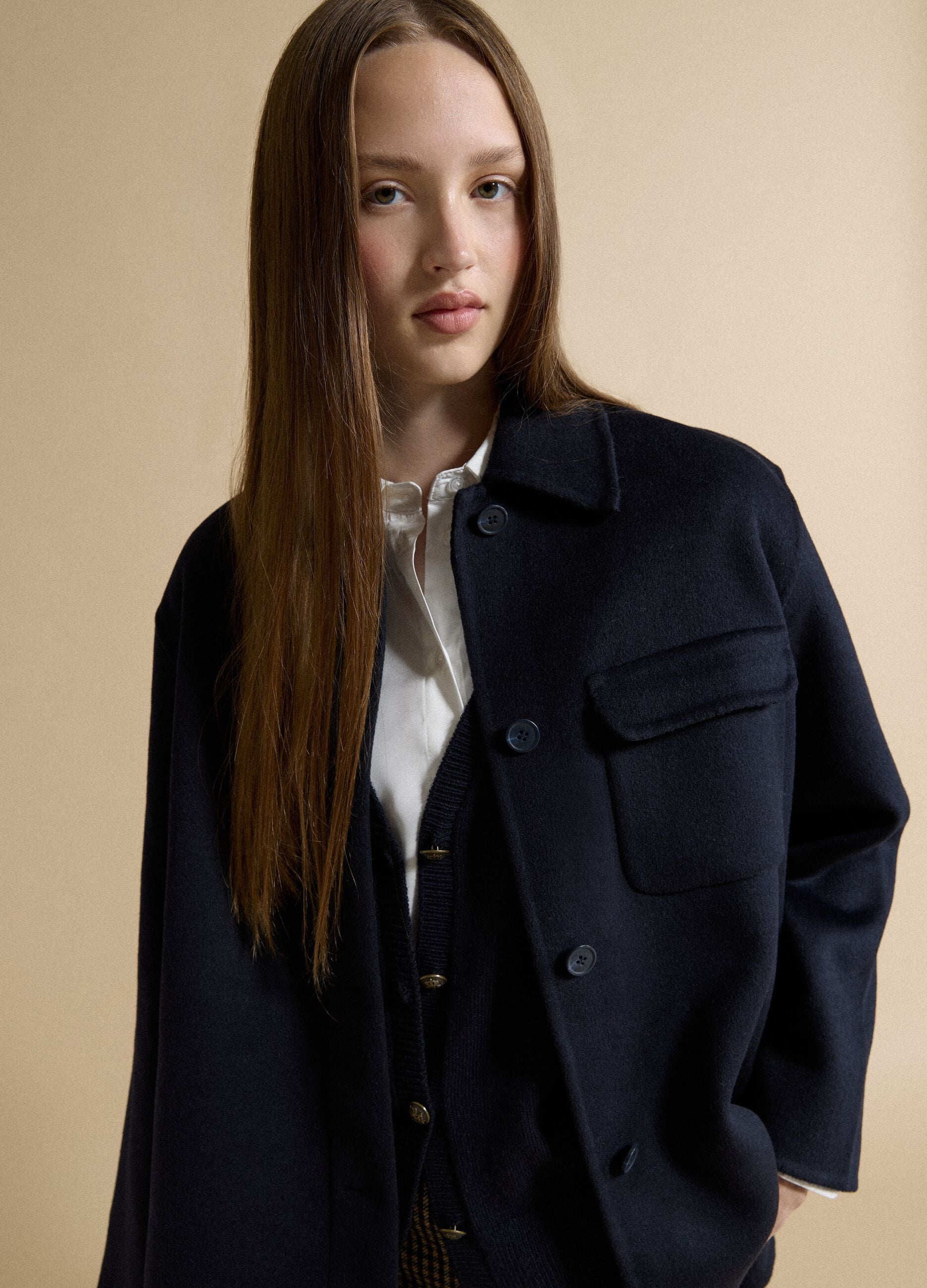 Blue wool-viscose blend over-fit coat with buttons