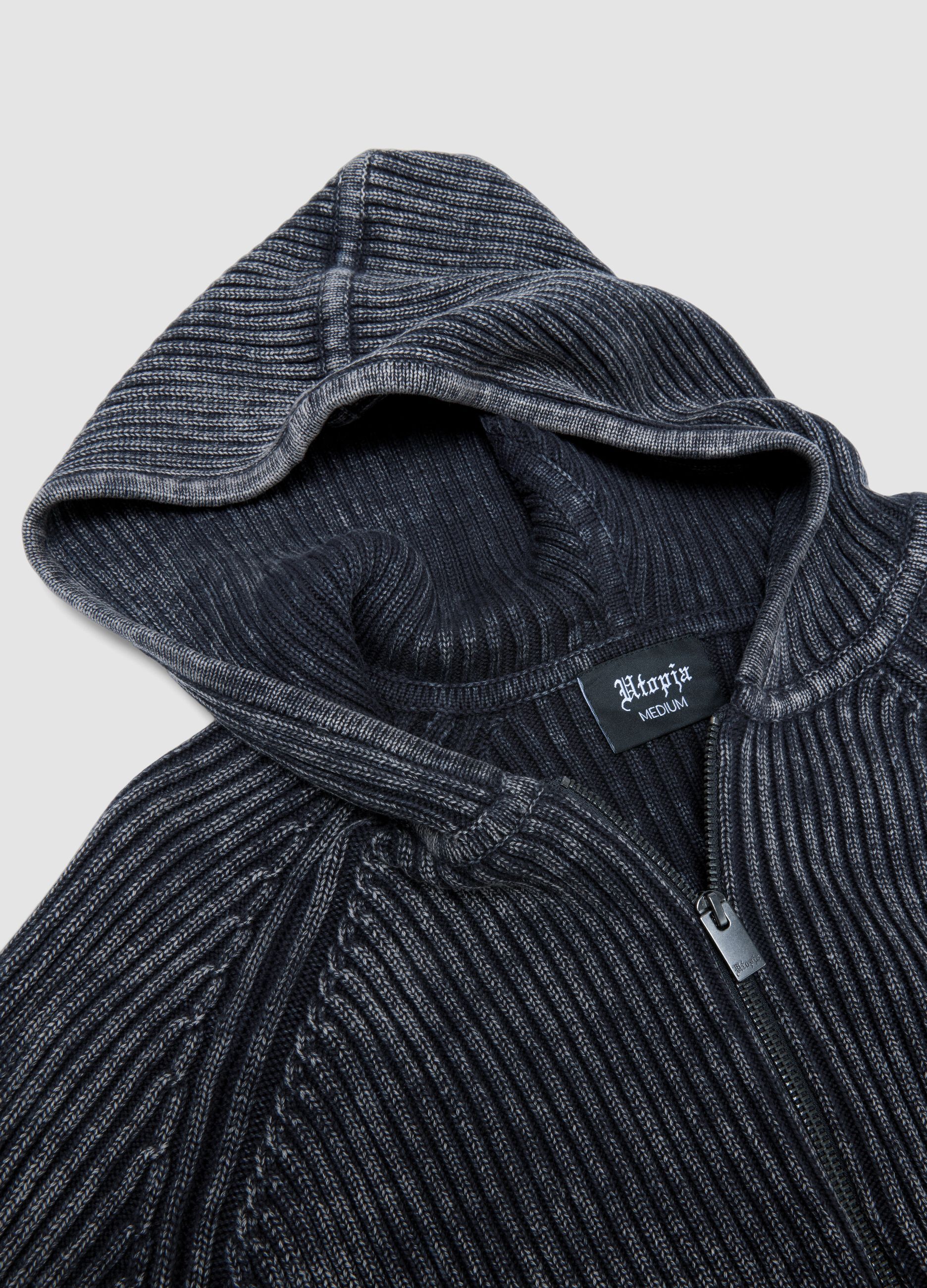 Vintage Grey Ribbed Knit Hoodie