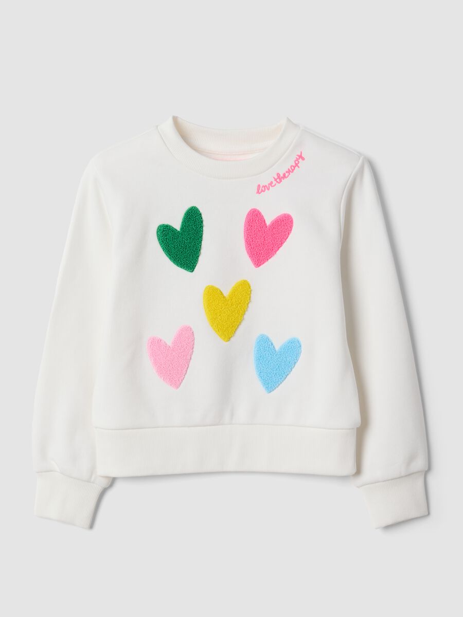 White cotton-blend crew-neck sweatshirt with hearts_0