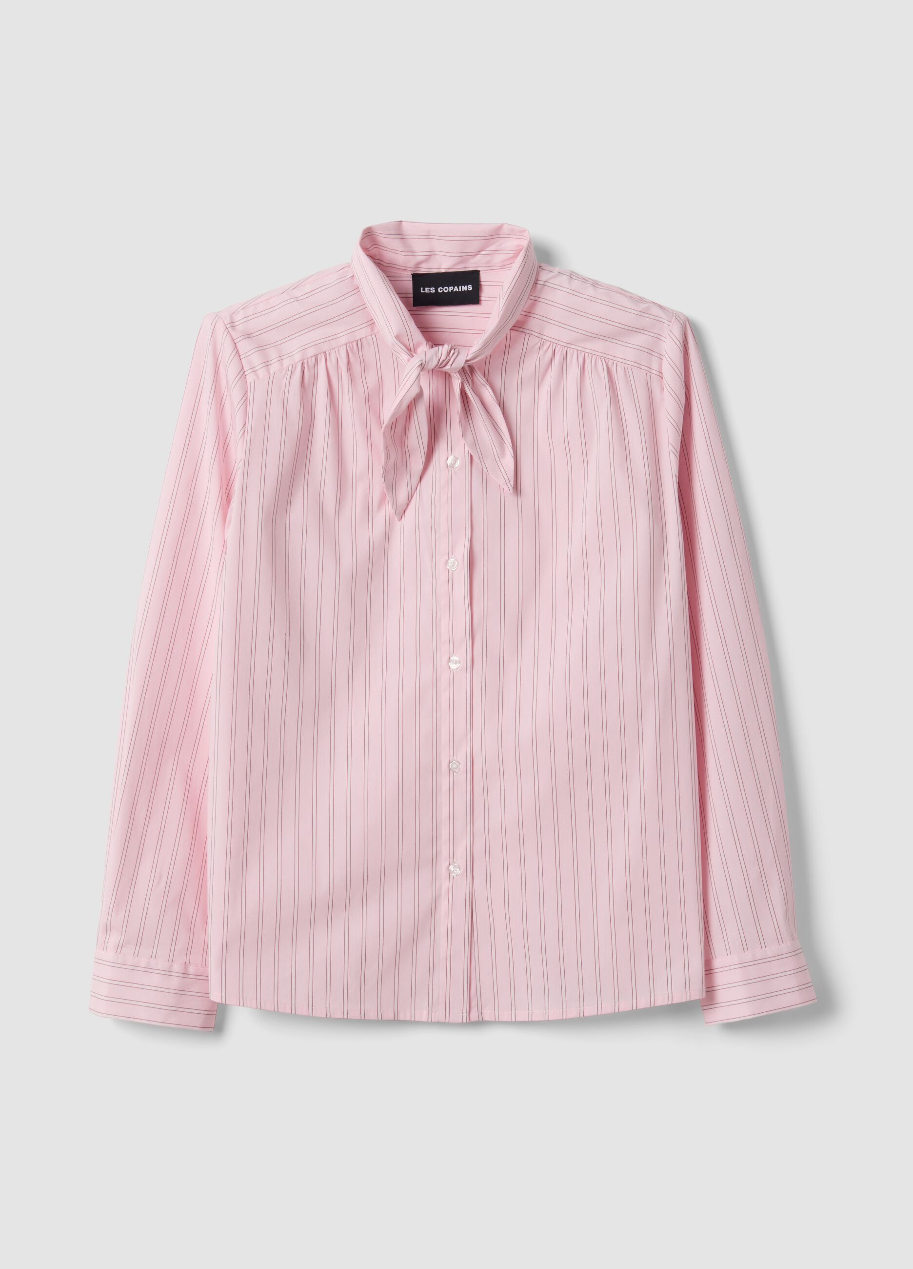 Pink striped stretch cotton shirt with bow, oversized fit