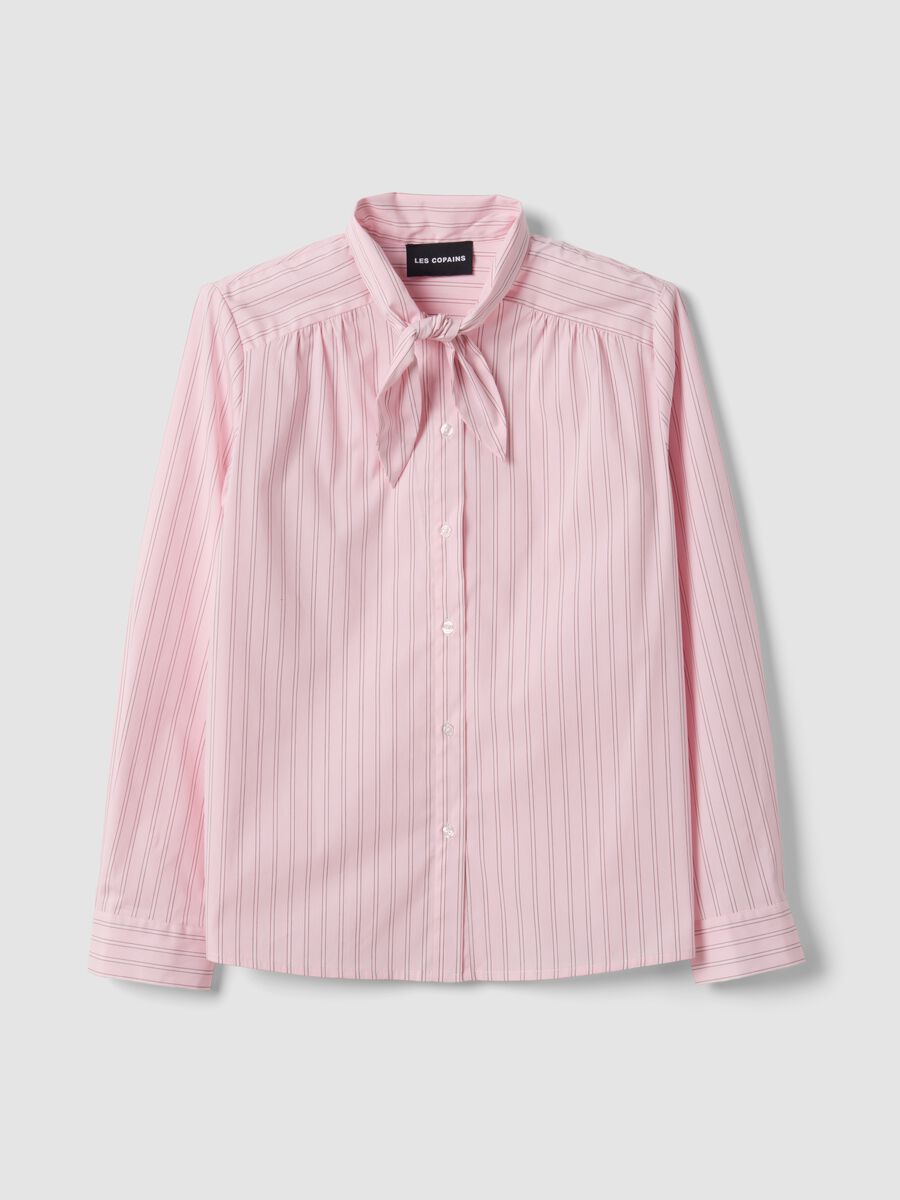 Pink striped stretch cotton shirt with bow, oversized fit_4