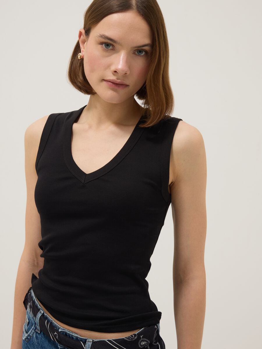 Tank top in puro cotone nero regular fit con collo a V_3