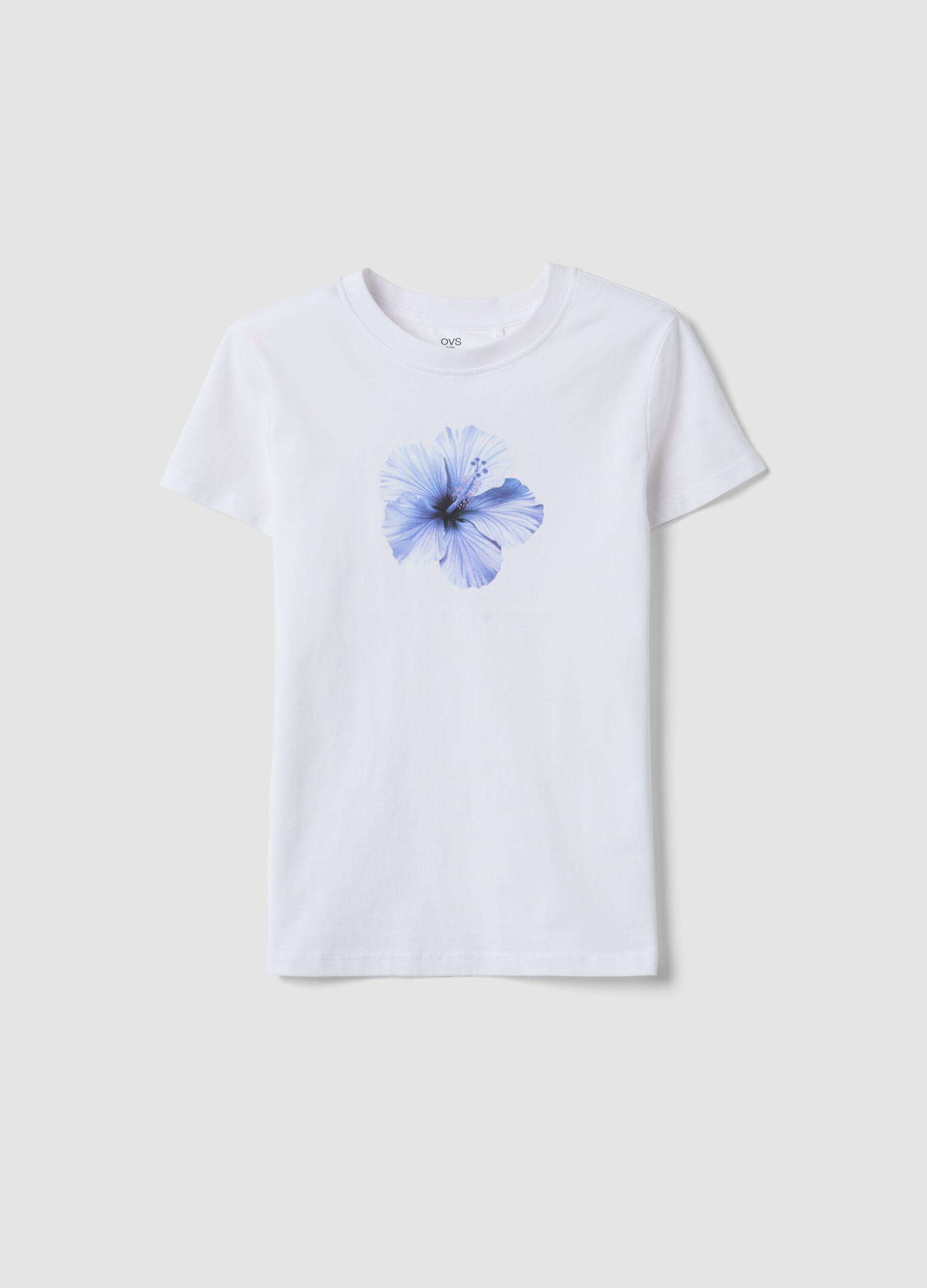 White pure cotton T-shirt with floral print