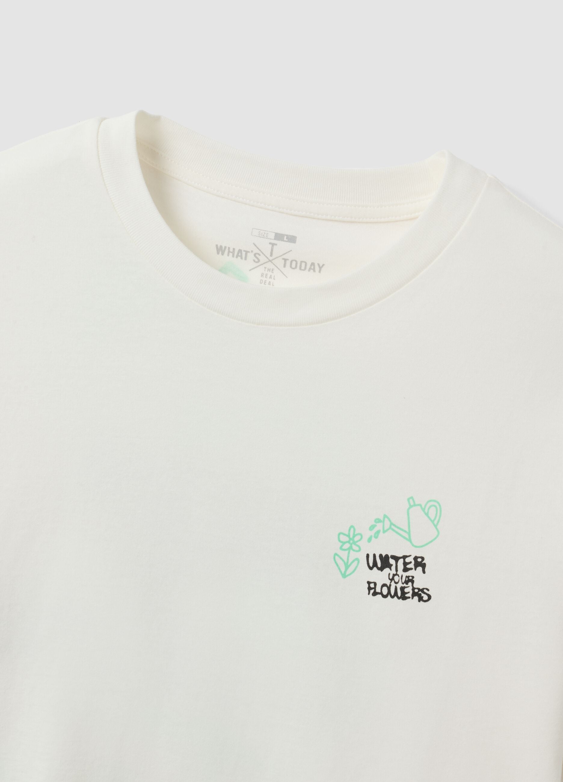 White pure cotton jersey T-shirt with "Water your Flowers" print, regular fit