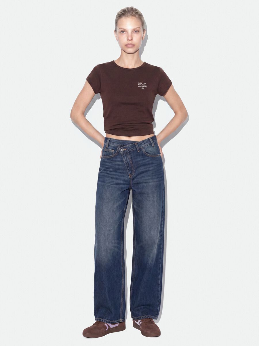 Brown pure cotton crew-neck T-shirt with slogan_1