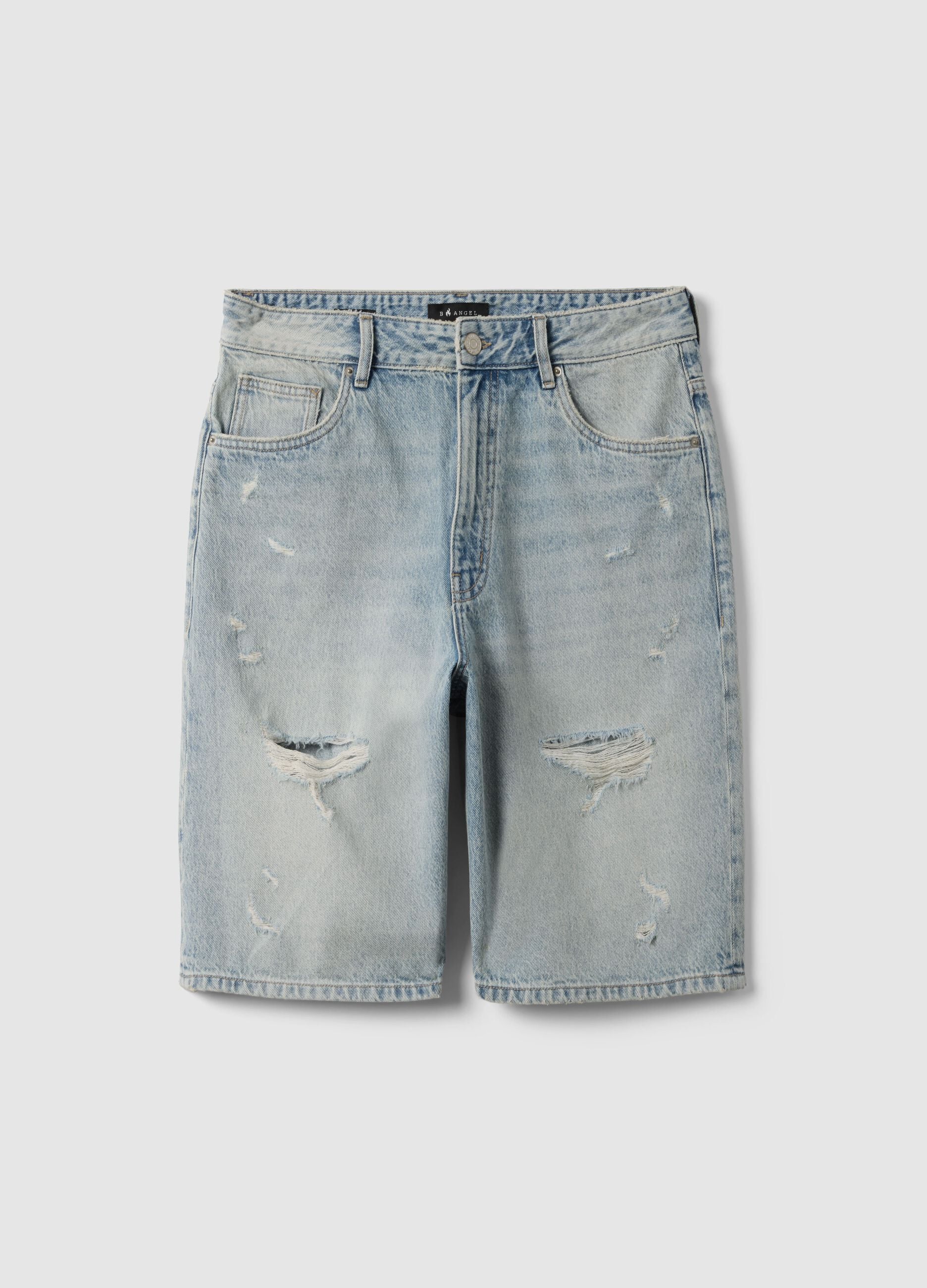 Blue denim skater fit pure cotton shorts with rips