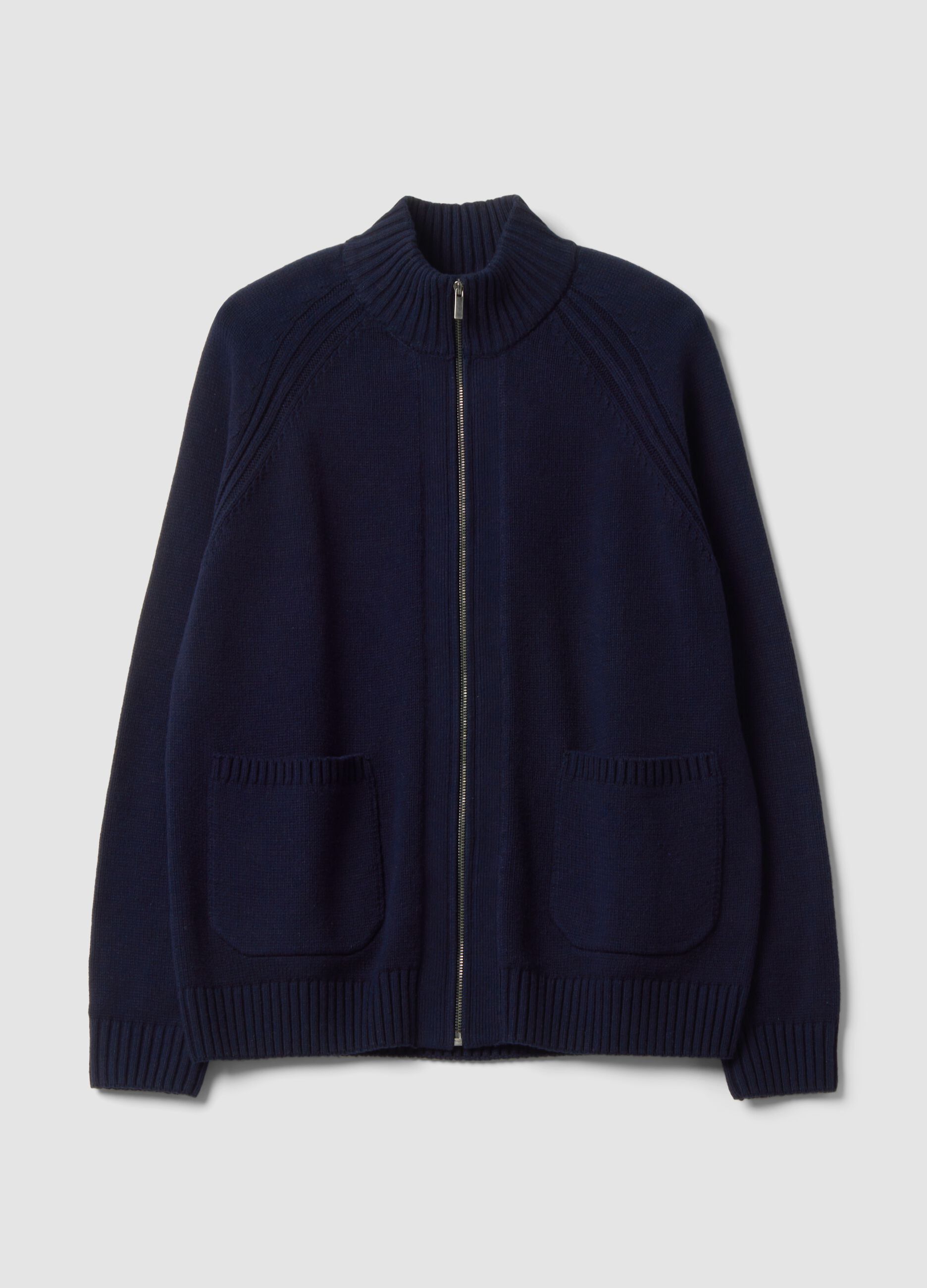 Blue cotton-blend cardigan with collar