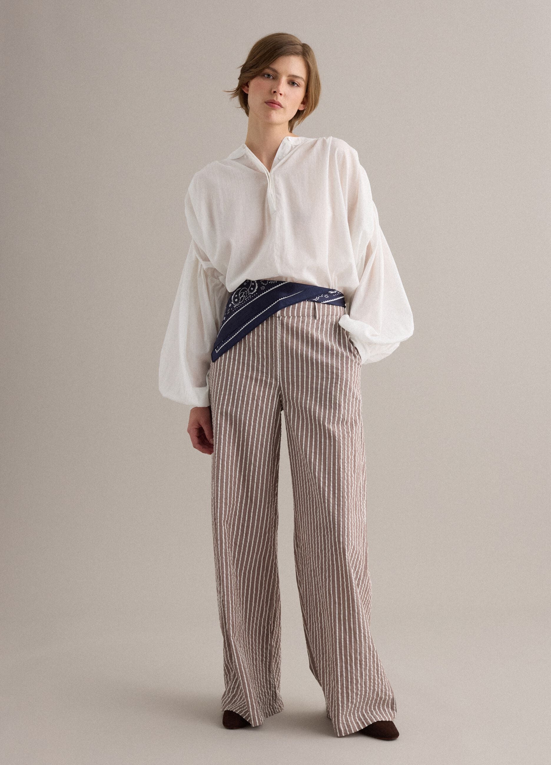 Pure cotton wide-leg chino trousers with multicolour stripes