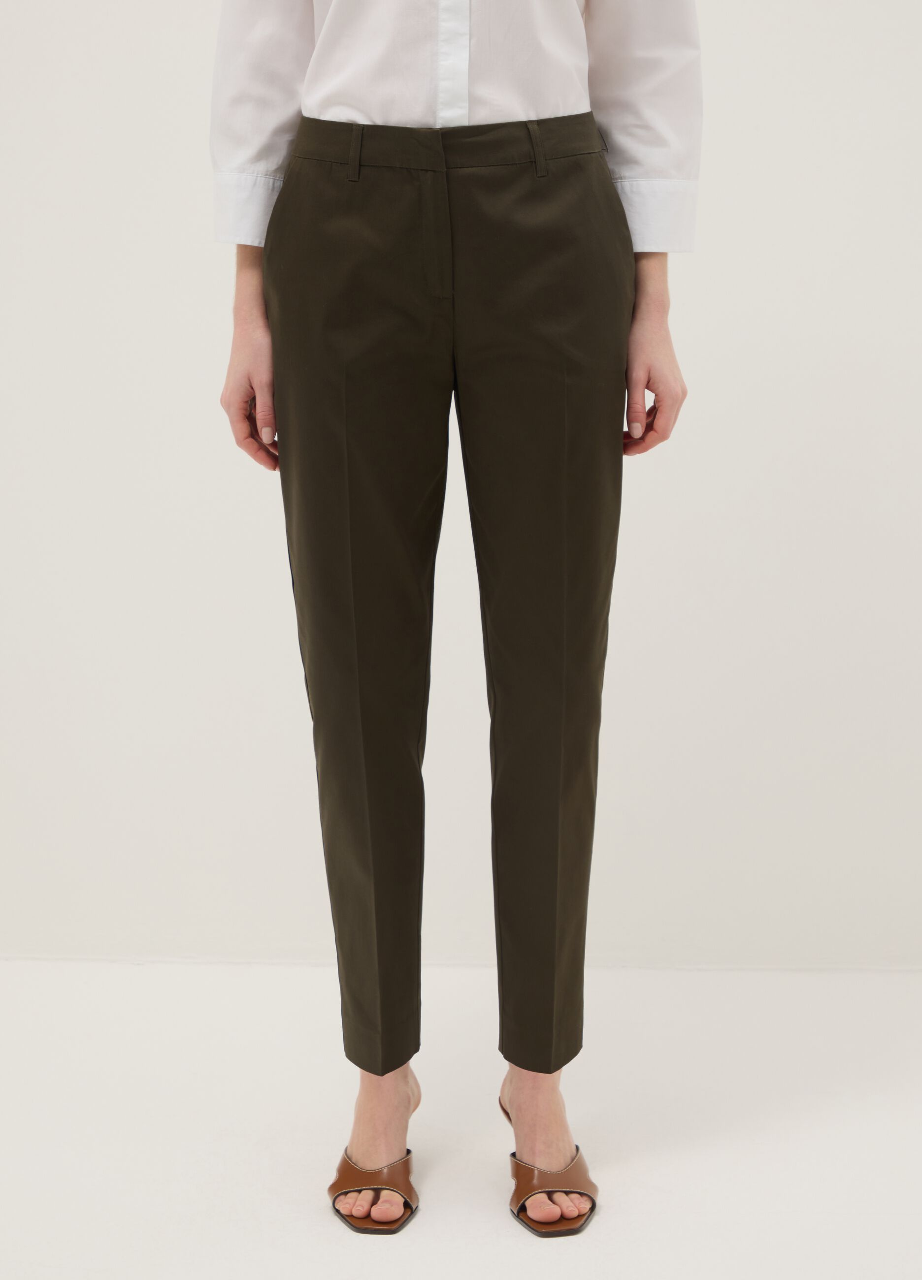 Brown stretch cotton satin trousers regular fit