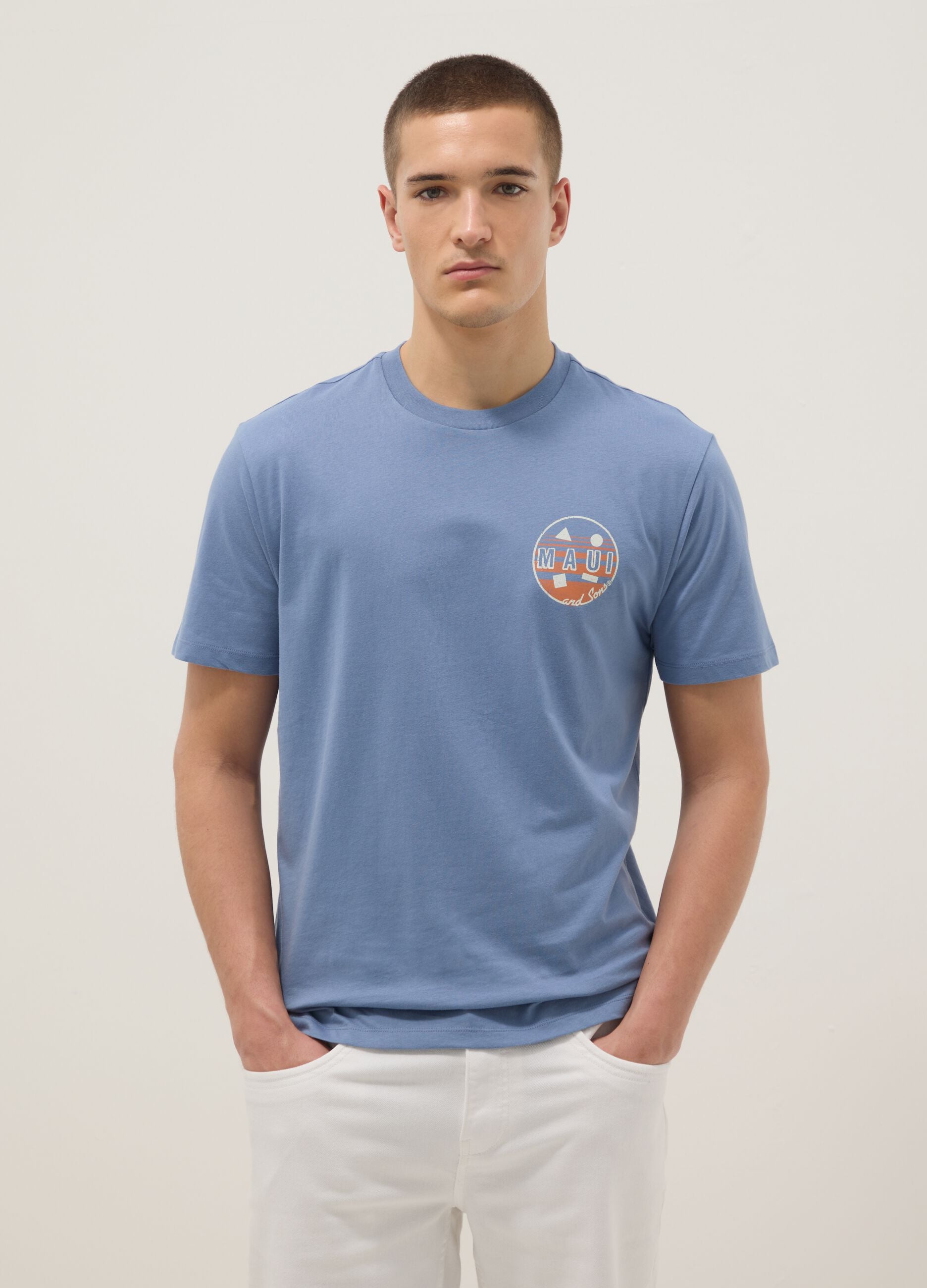 Light blue pure cotton T-shirt with print