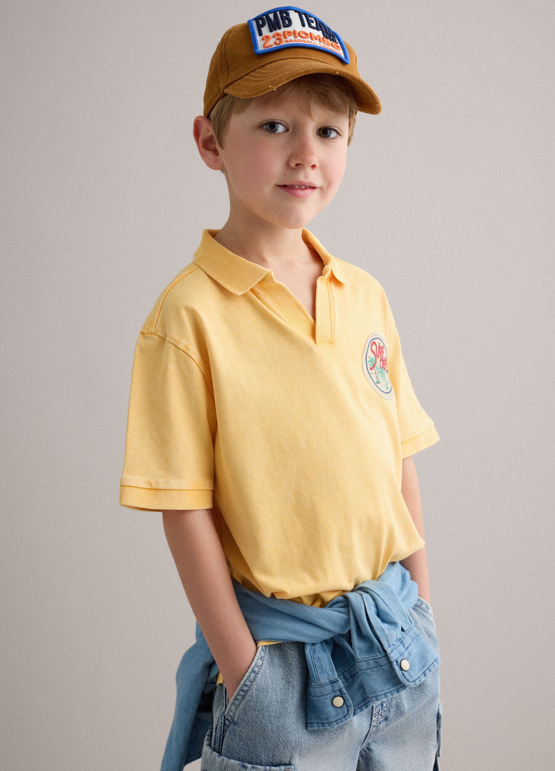 Yellow pure cotton polo shirt for boys regular fit with embroidery