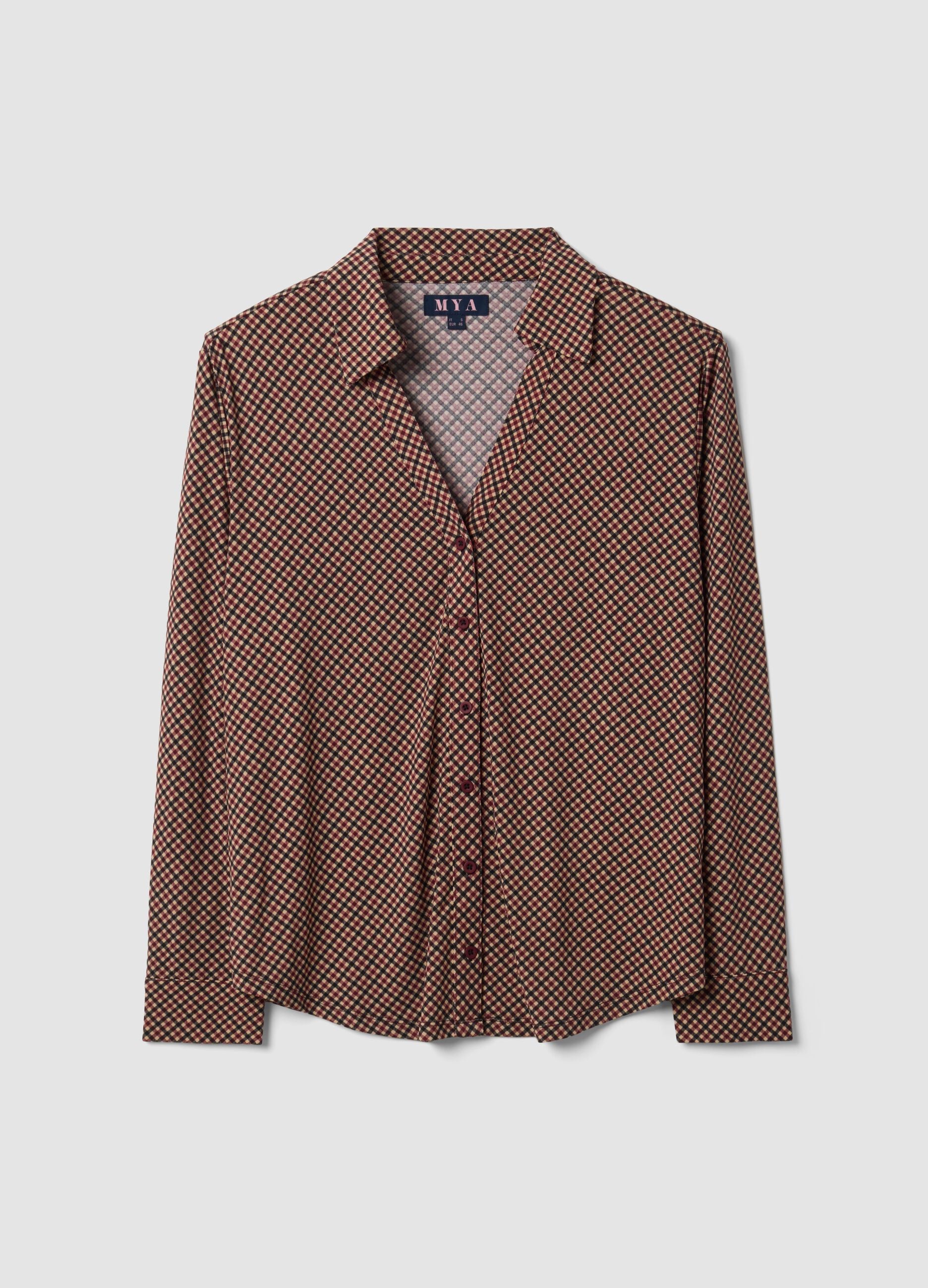 Brown stretch shirt with checked collar, regular fit