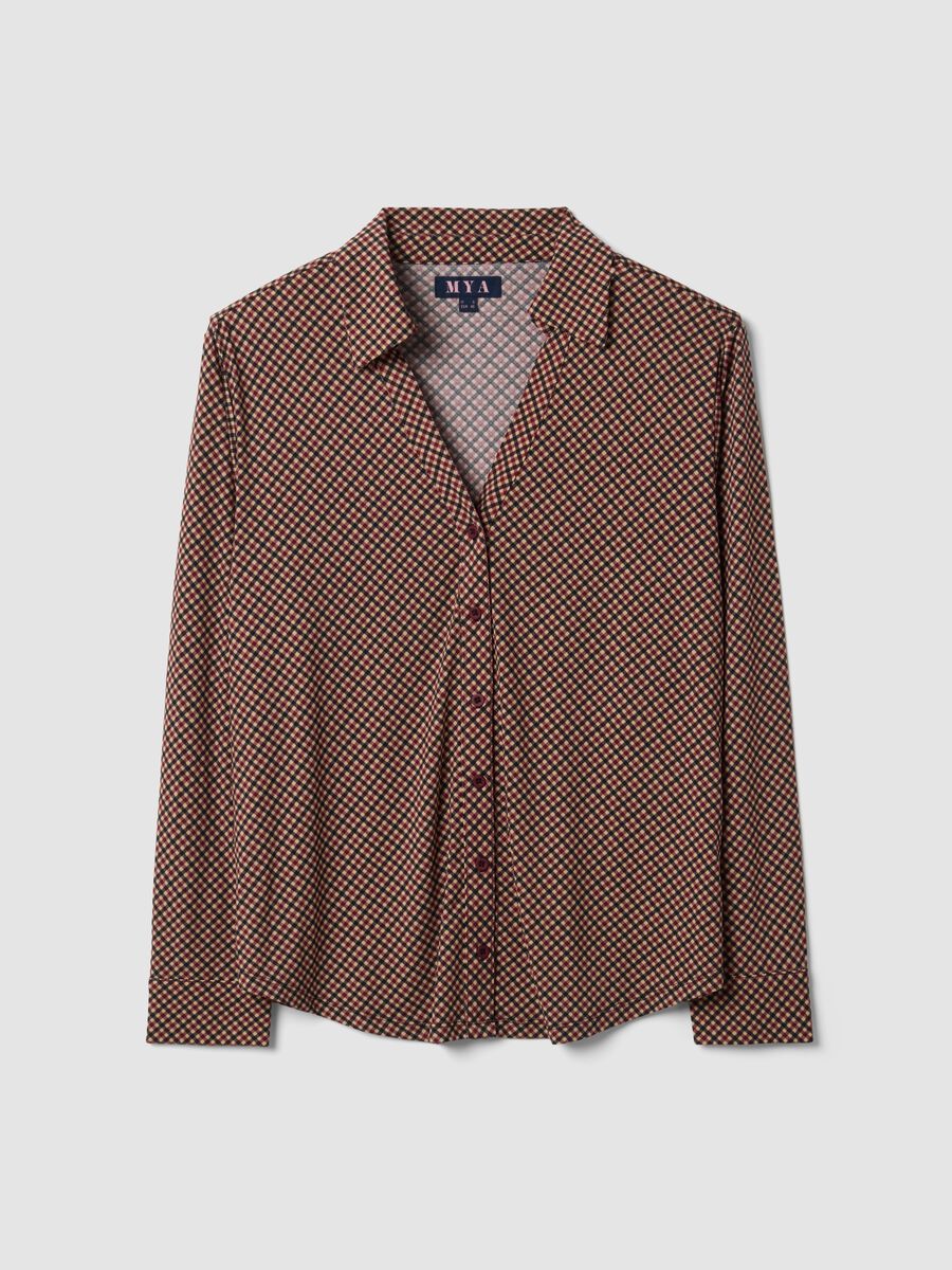 Brown stretch shirt with checked collar, regular fit_0
