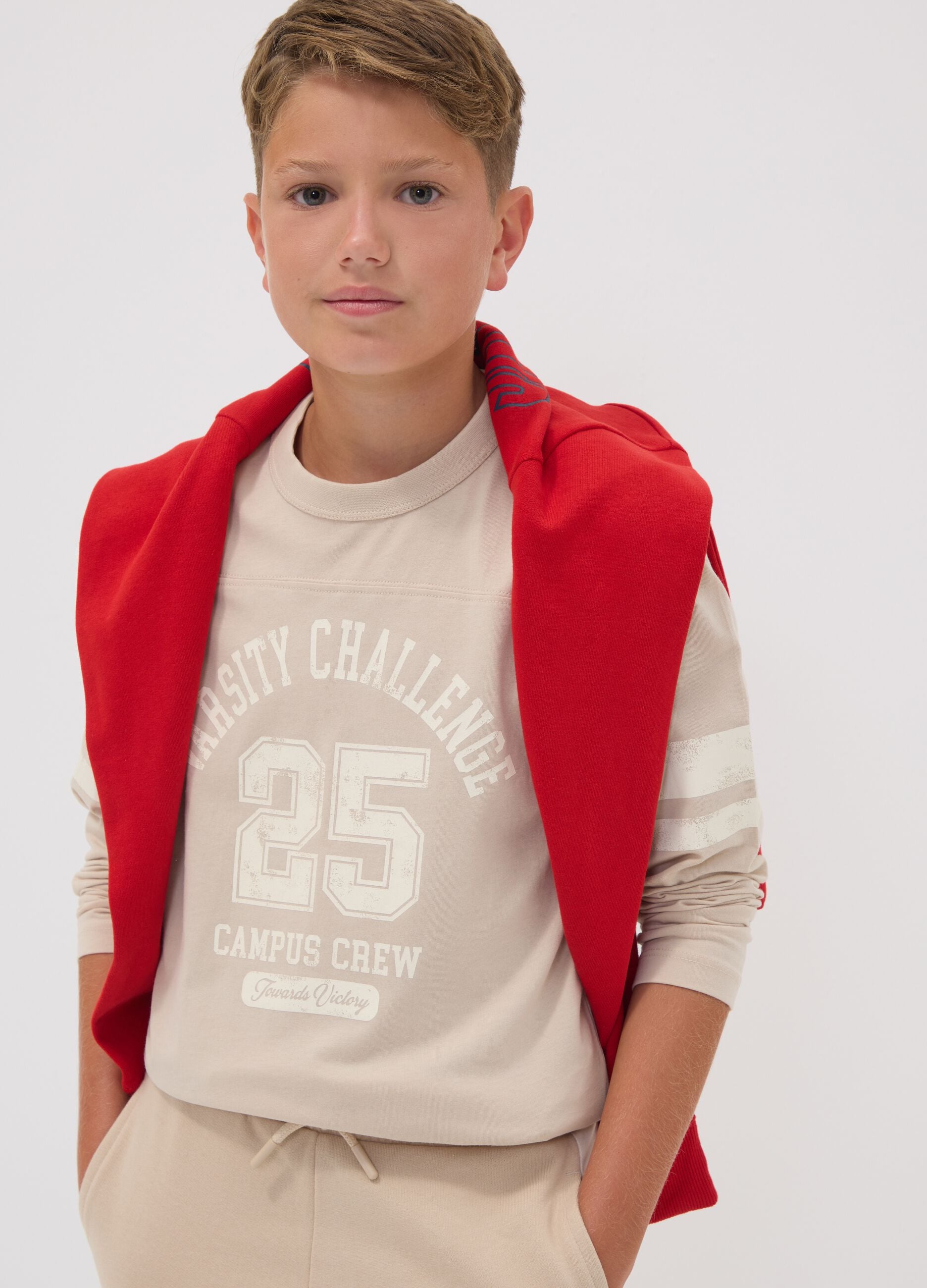 Beige pure organic cotton T-shirt with college print for boys