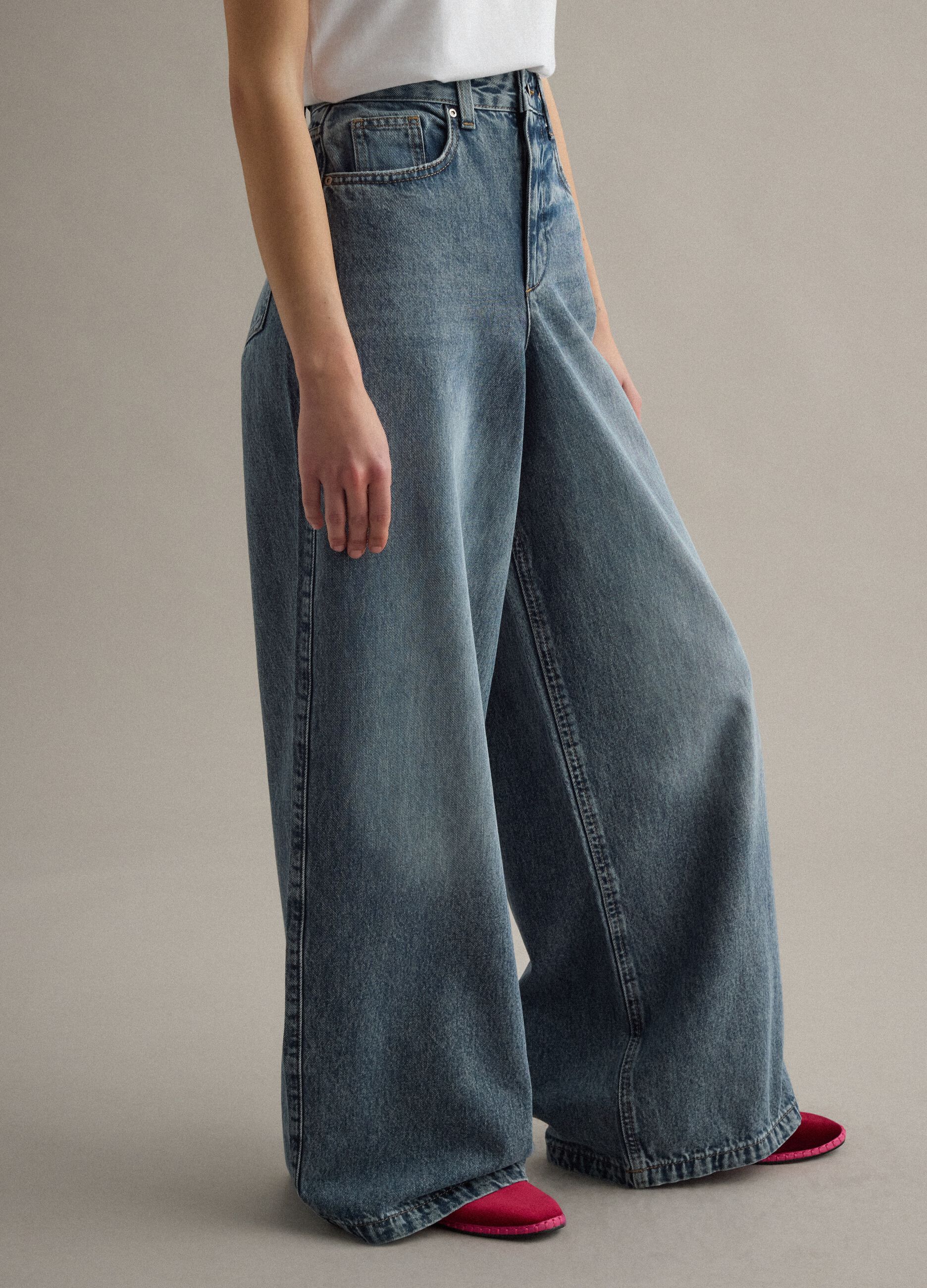 Wide Leg Blue Denim Pure Cotton Jeans