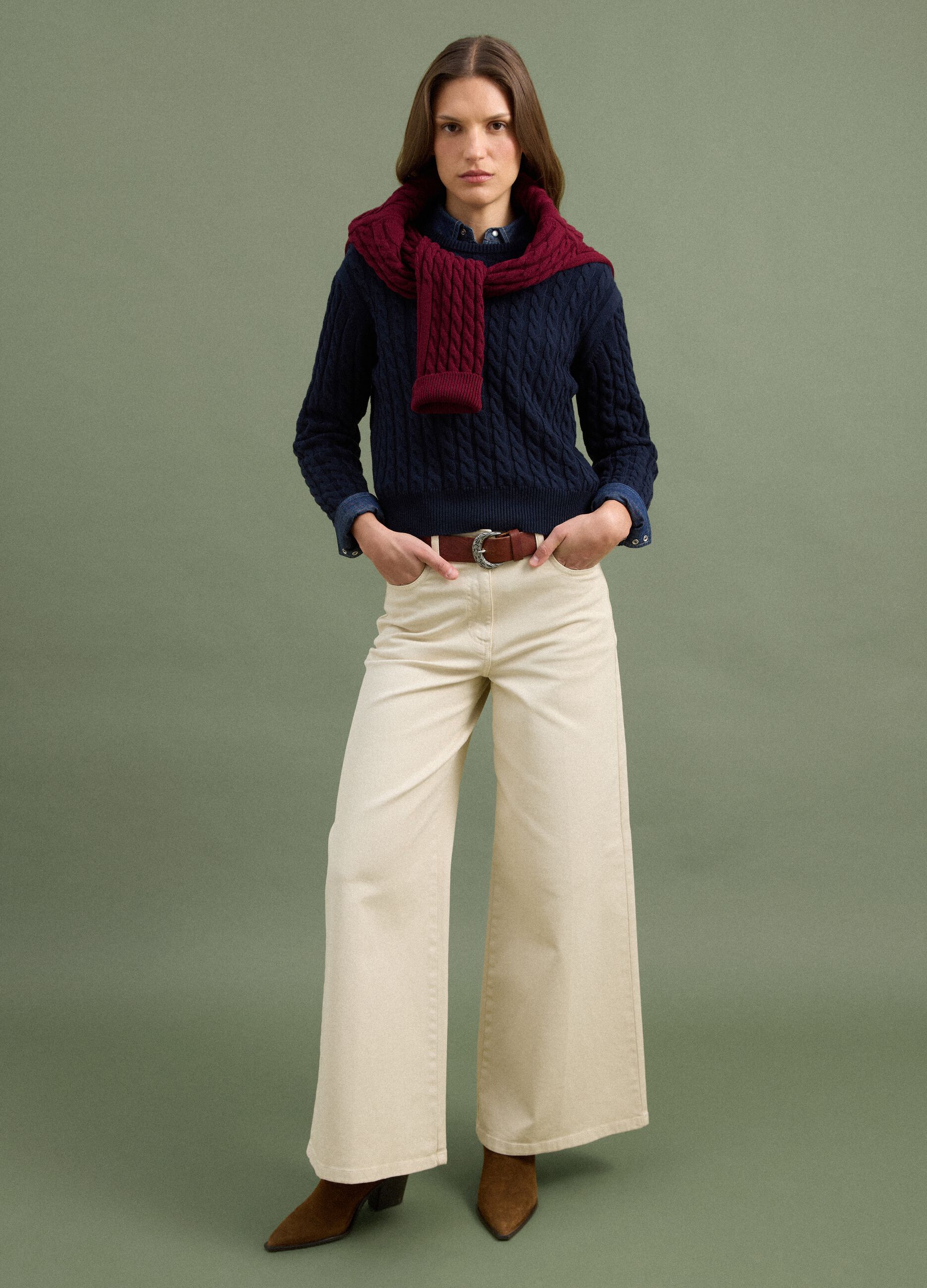 Blue pure cotton cable-knit crew-neck jumper, regular fit