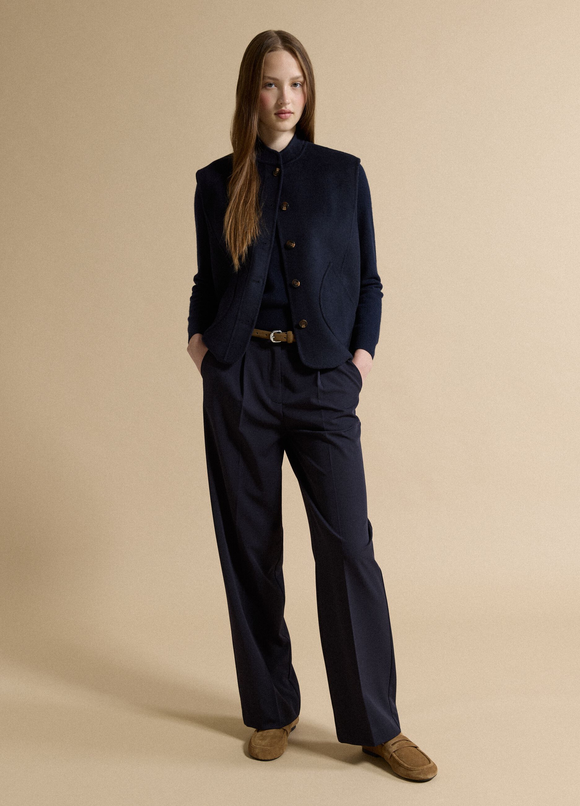 Blue wool-viscose blend gilet with patch pockets
