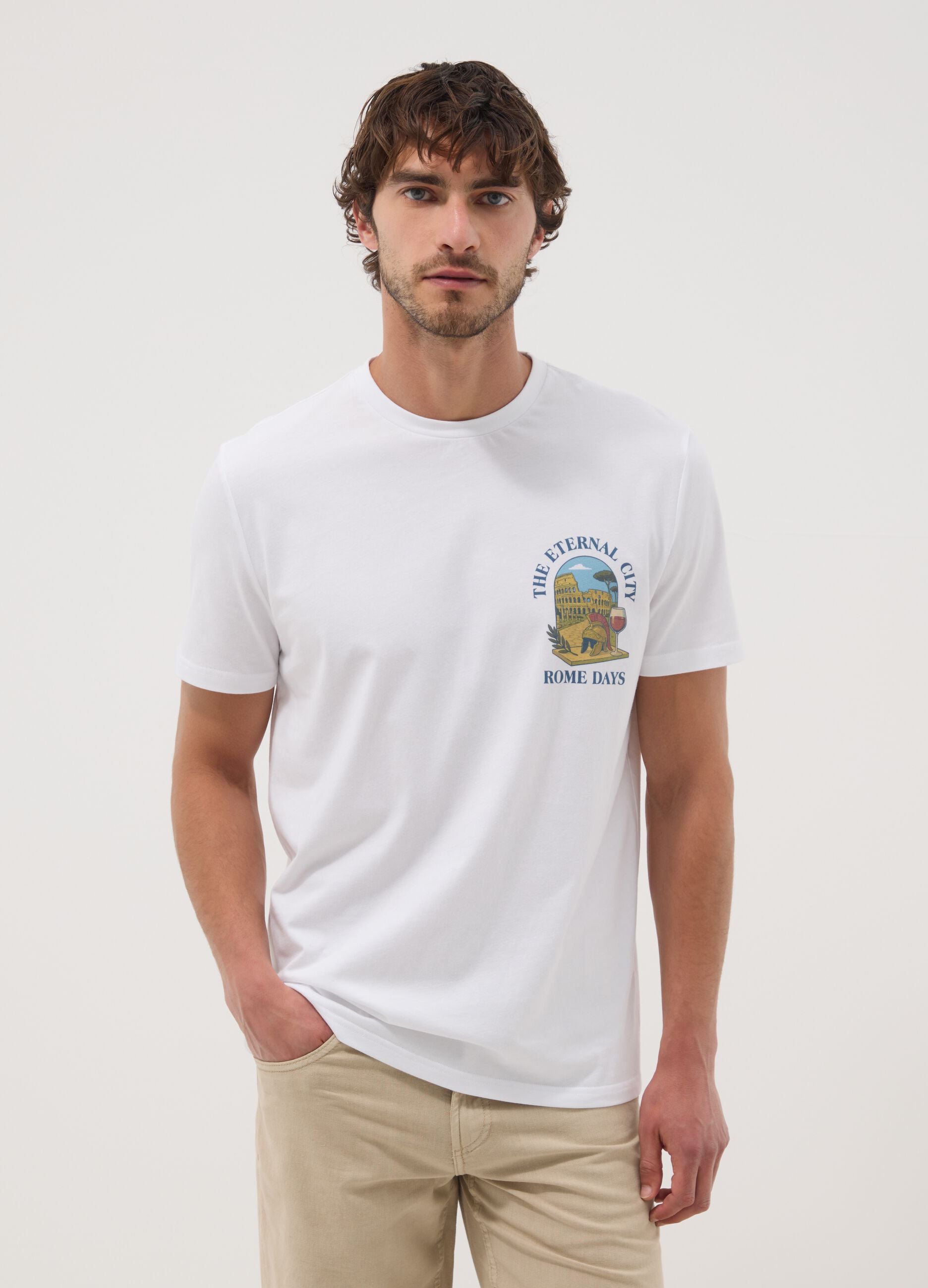 White short-sleeve pure cotton T-shirt, regular fit