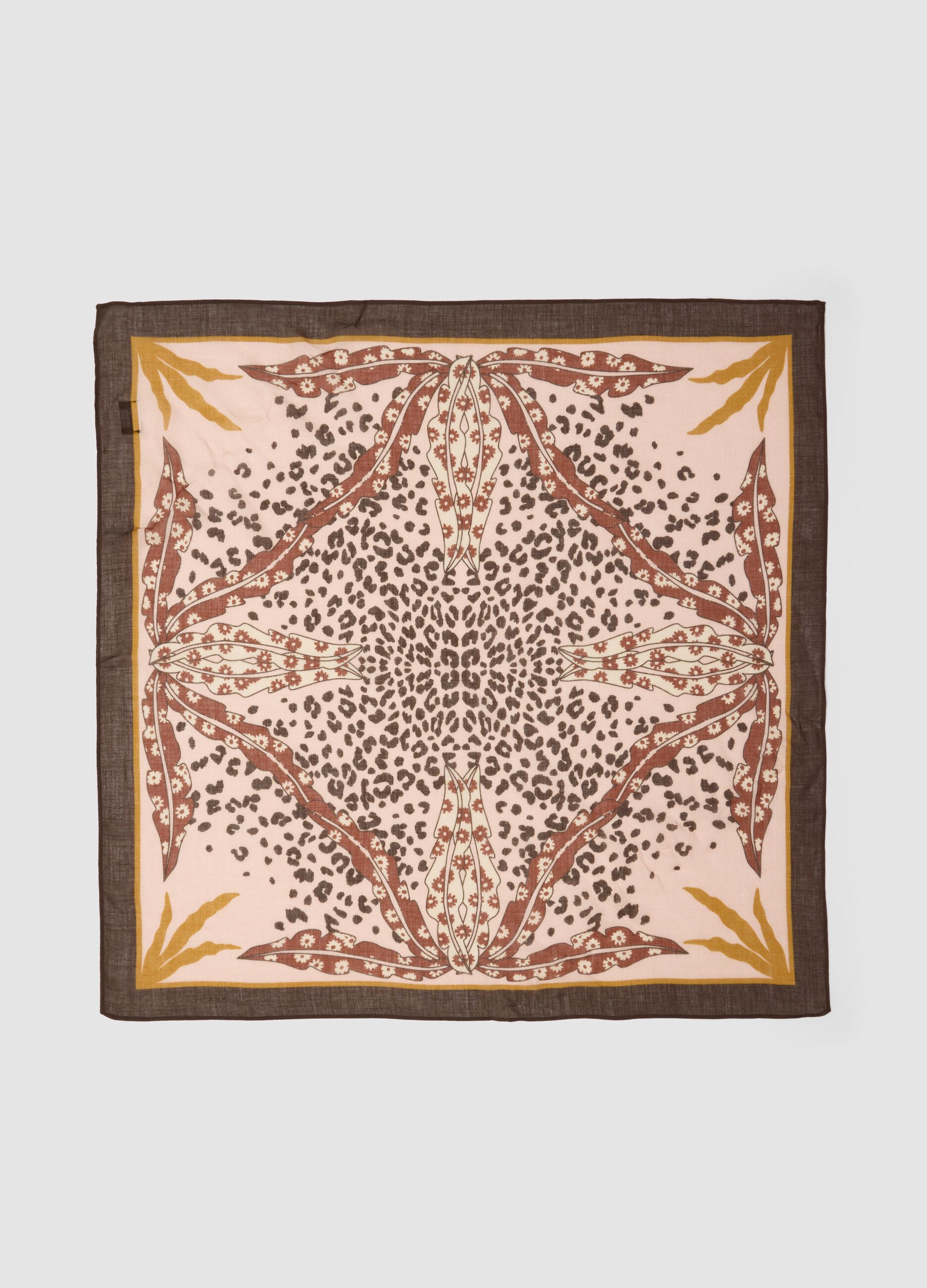 Brown patterned viscose and wool blend scarf