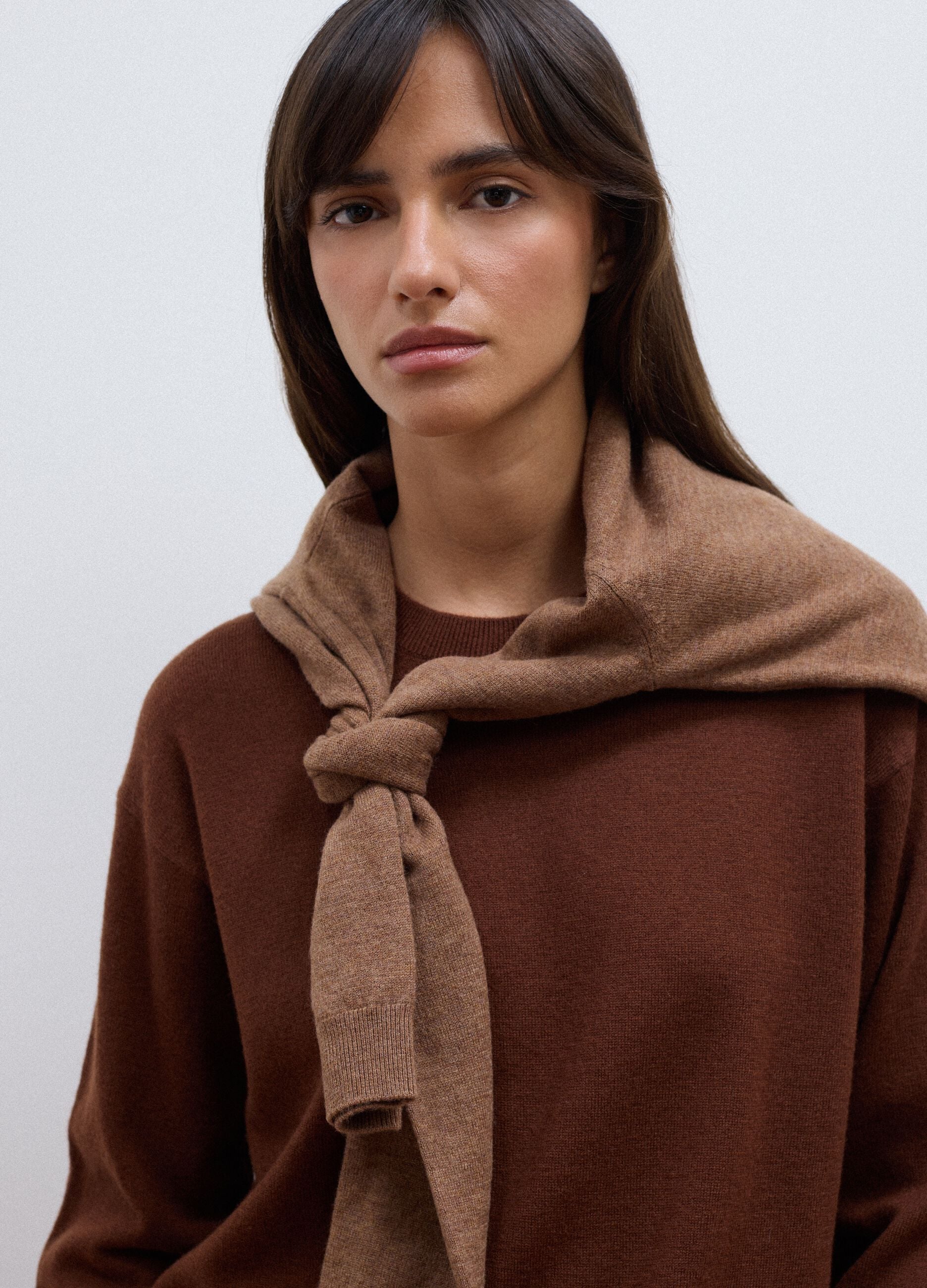Brown pure wool crew-neck jumper with oversized fit