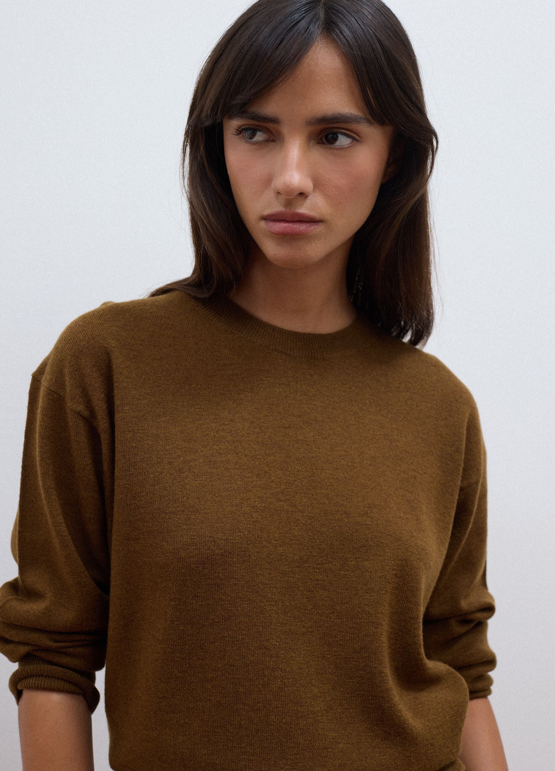 Brown pure wool crew-neck jumper in oversized fit