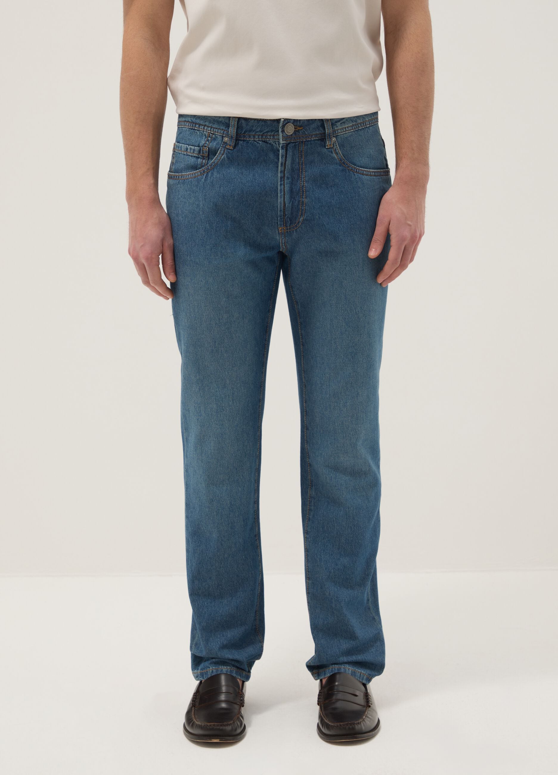 Regular fit blue denim jeans in pure cotton