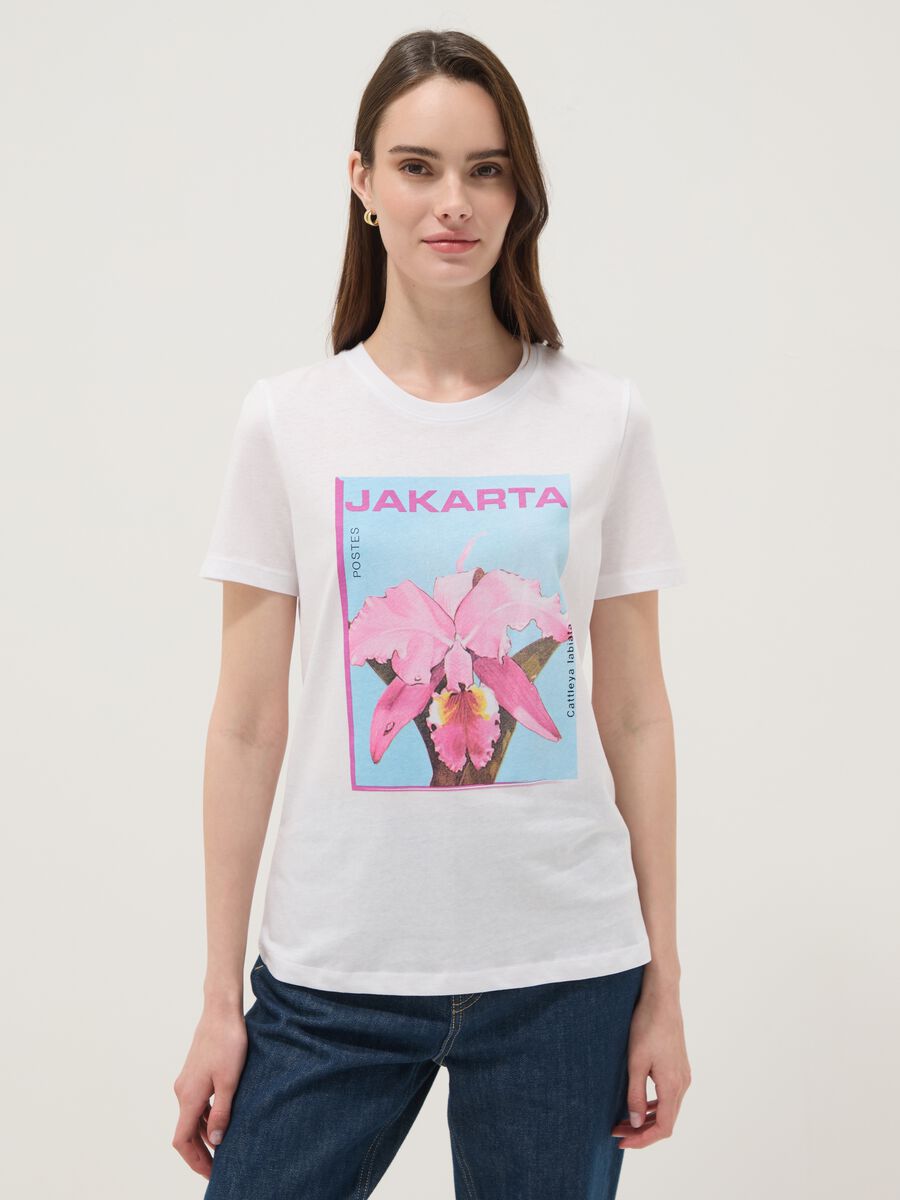 White pure cotton T-shirt with front print_0
