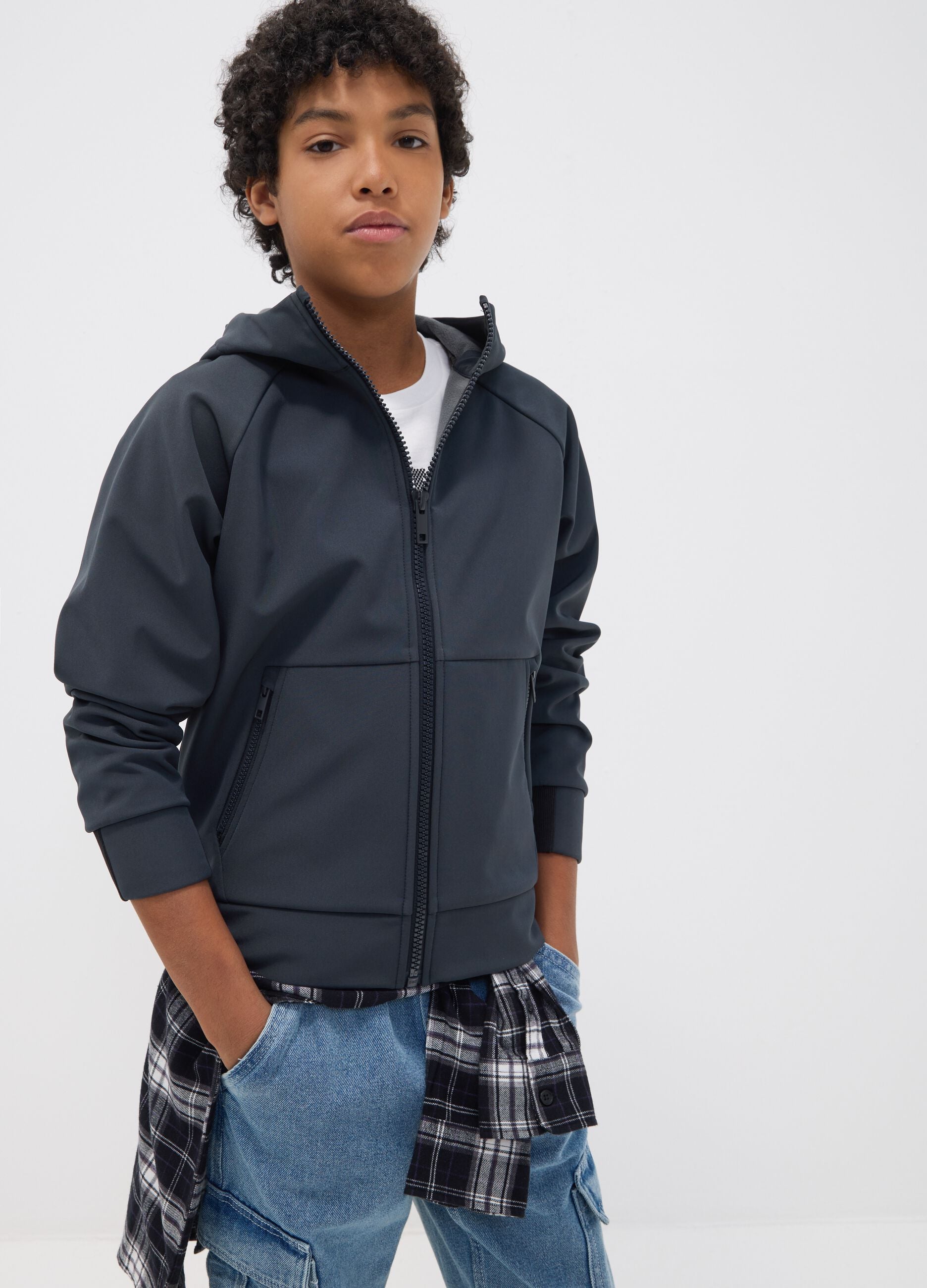 Grey hooded stretch-fabric jacket for boys