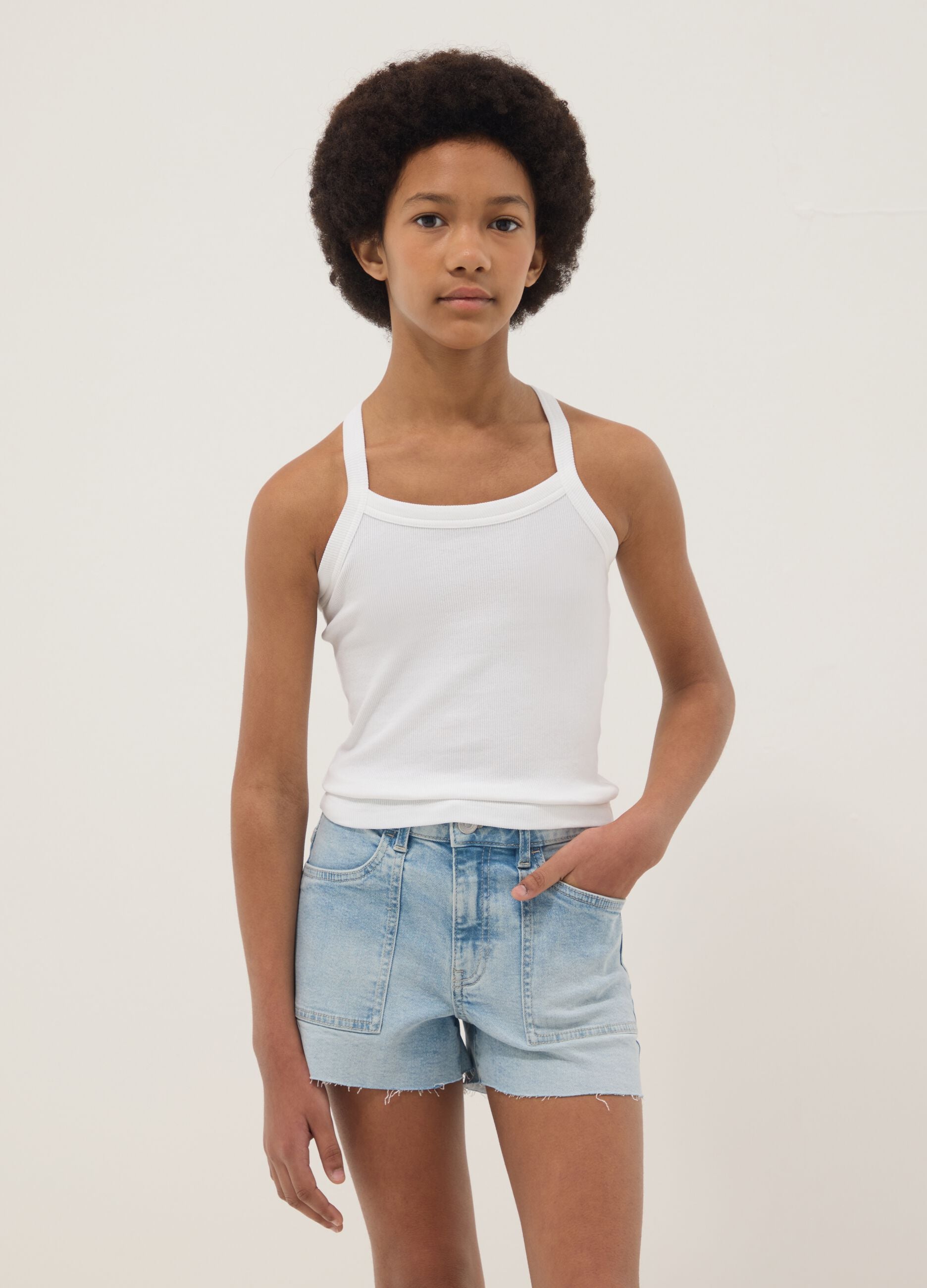 Girls' fitted white ribbed stretch cotton tank top
