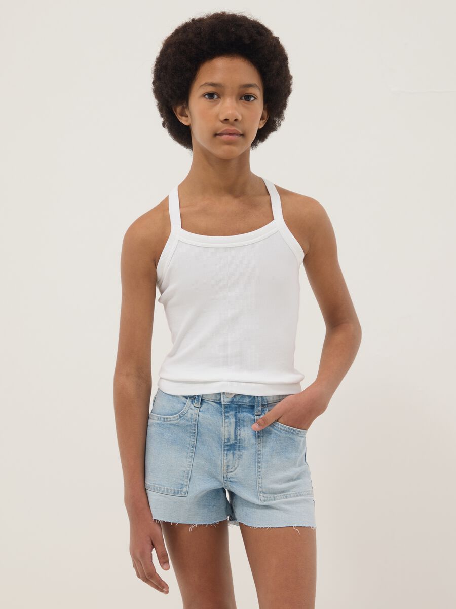 Tank top fitted bianco in cotone elasticizzato a coste da ragazza_0