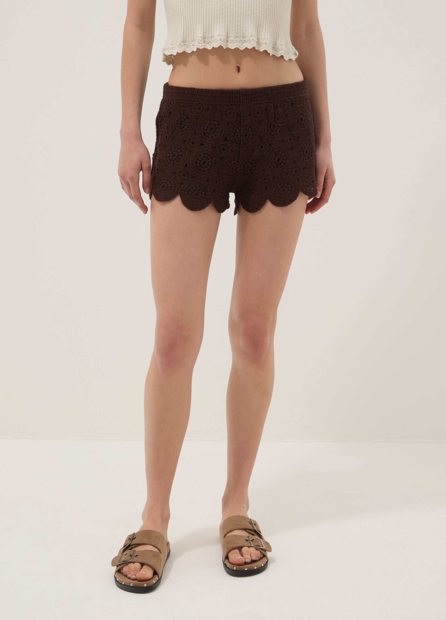 Brown crochet regular-fit cotton-blend shorts