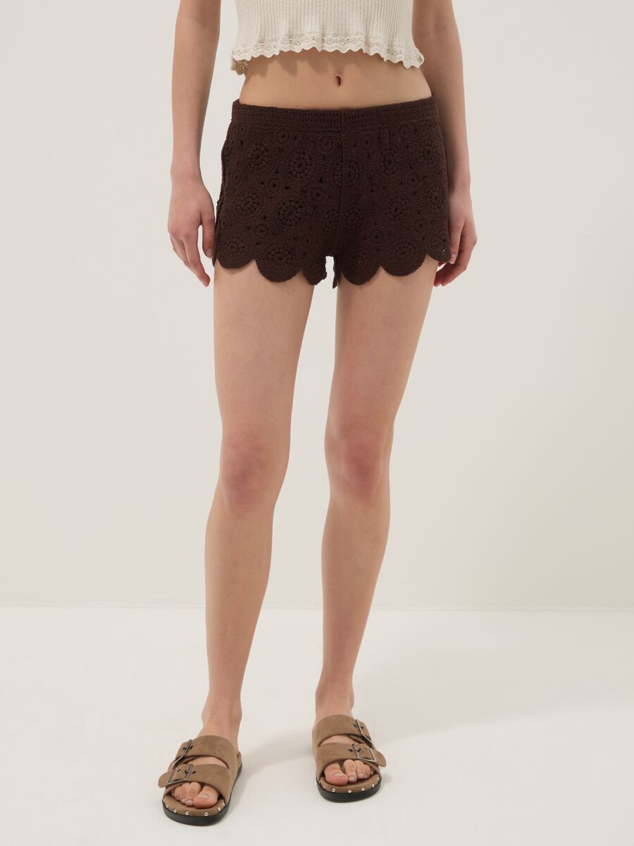 Brown crochet regular-fit cotton-blend shorts_1