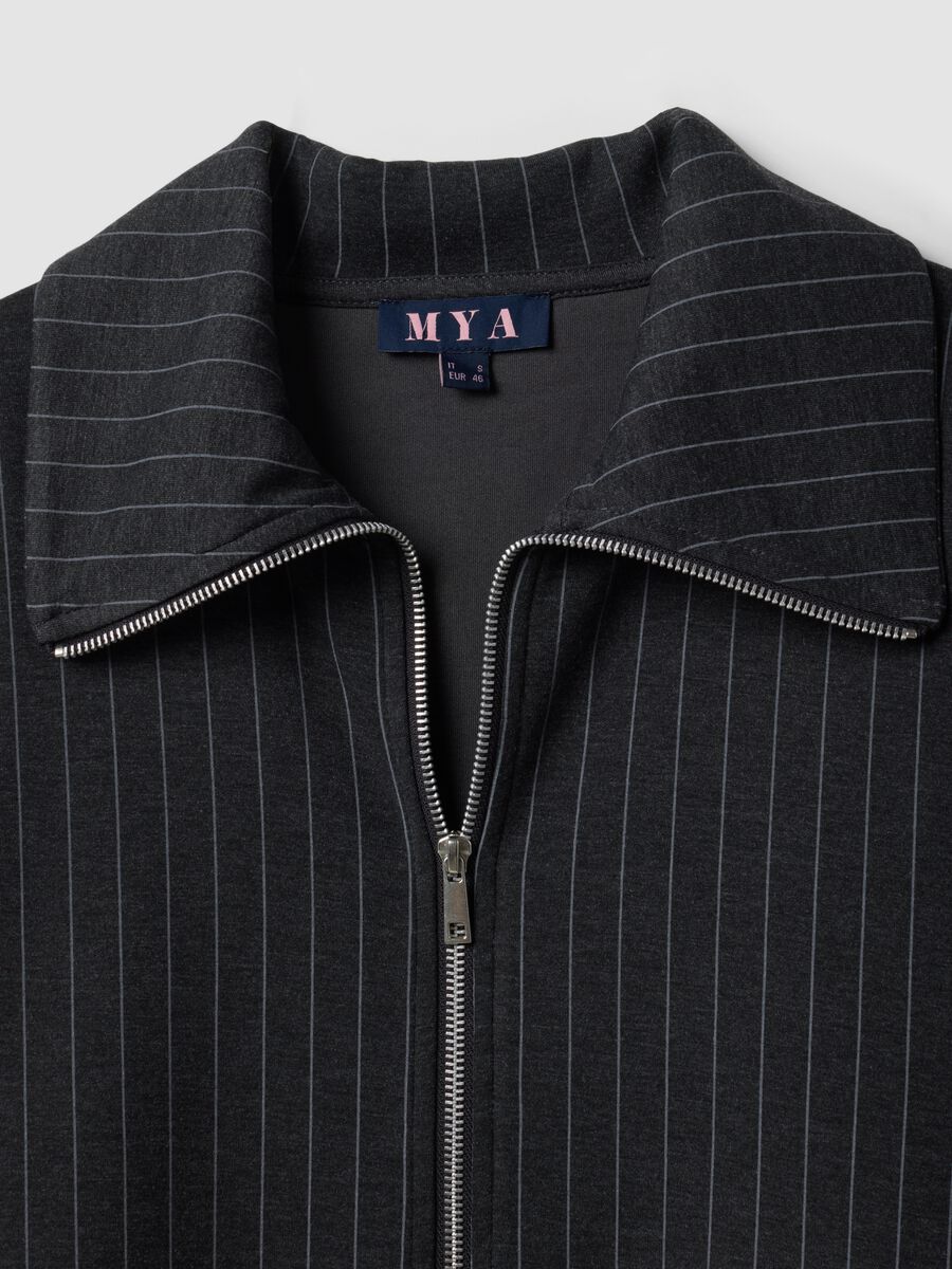Grey striped stretch viscose full-zip sweatshirt with collar_1
