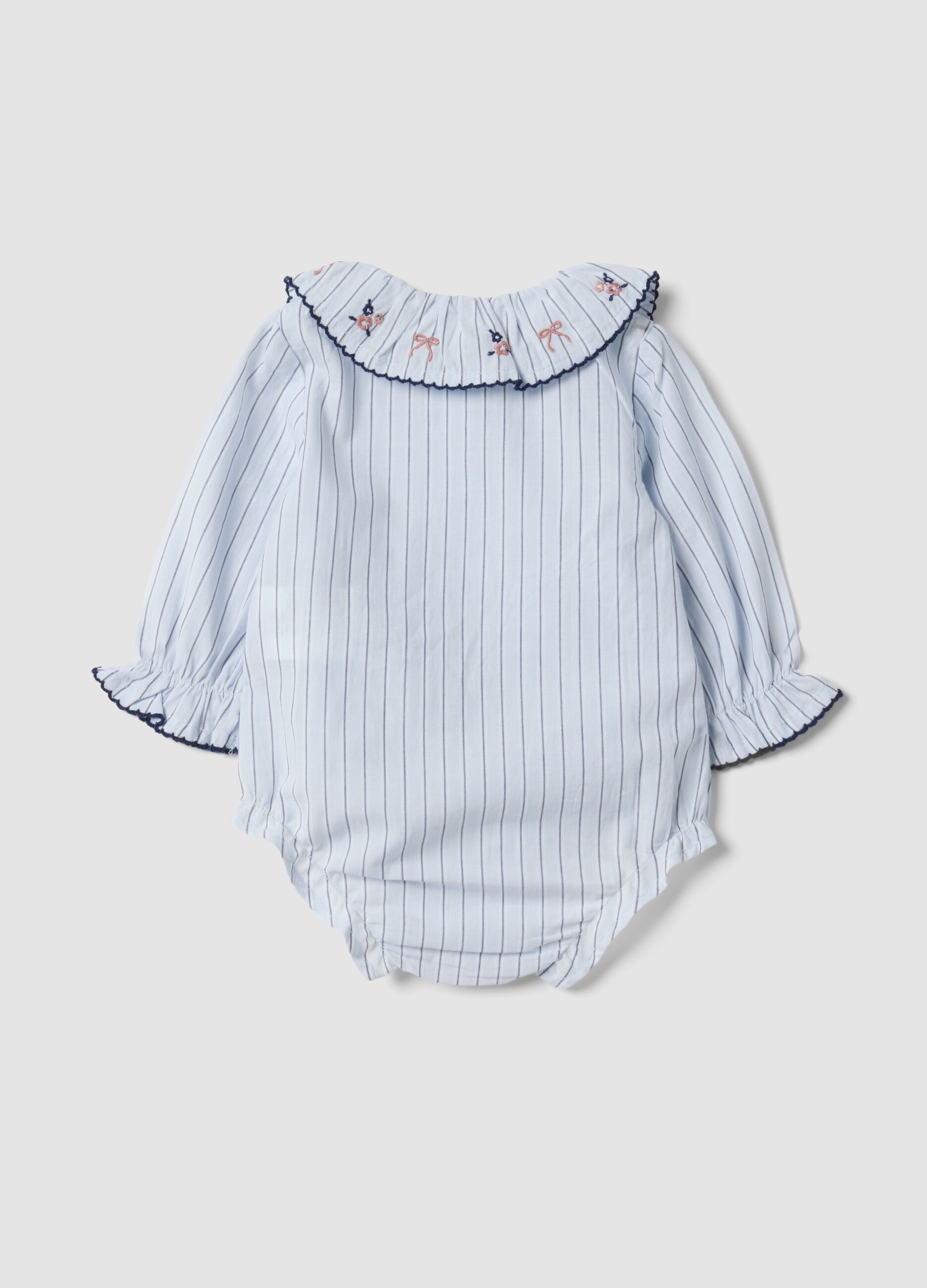 White pure cotton baby girl bodysuit with ruffle collar