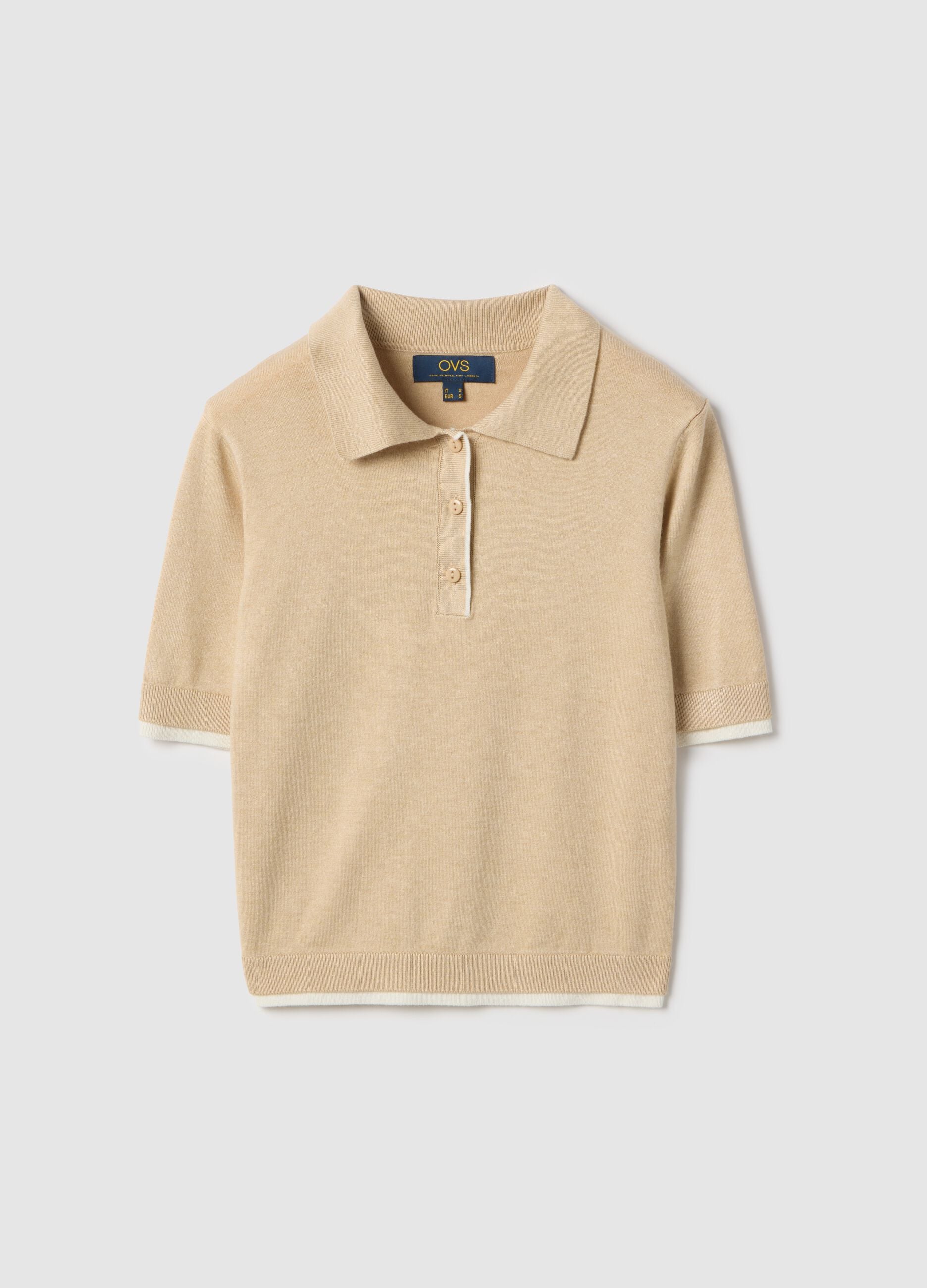 Beige Viscose Blend Polo Regular Fit