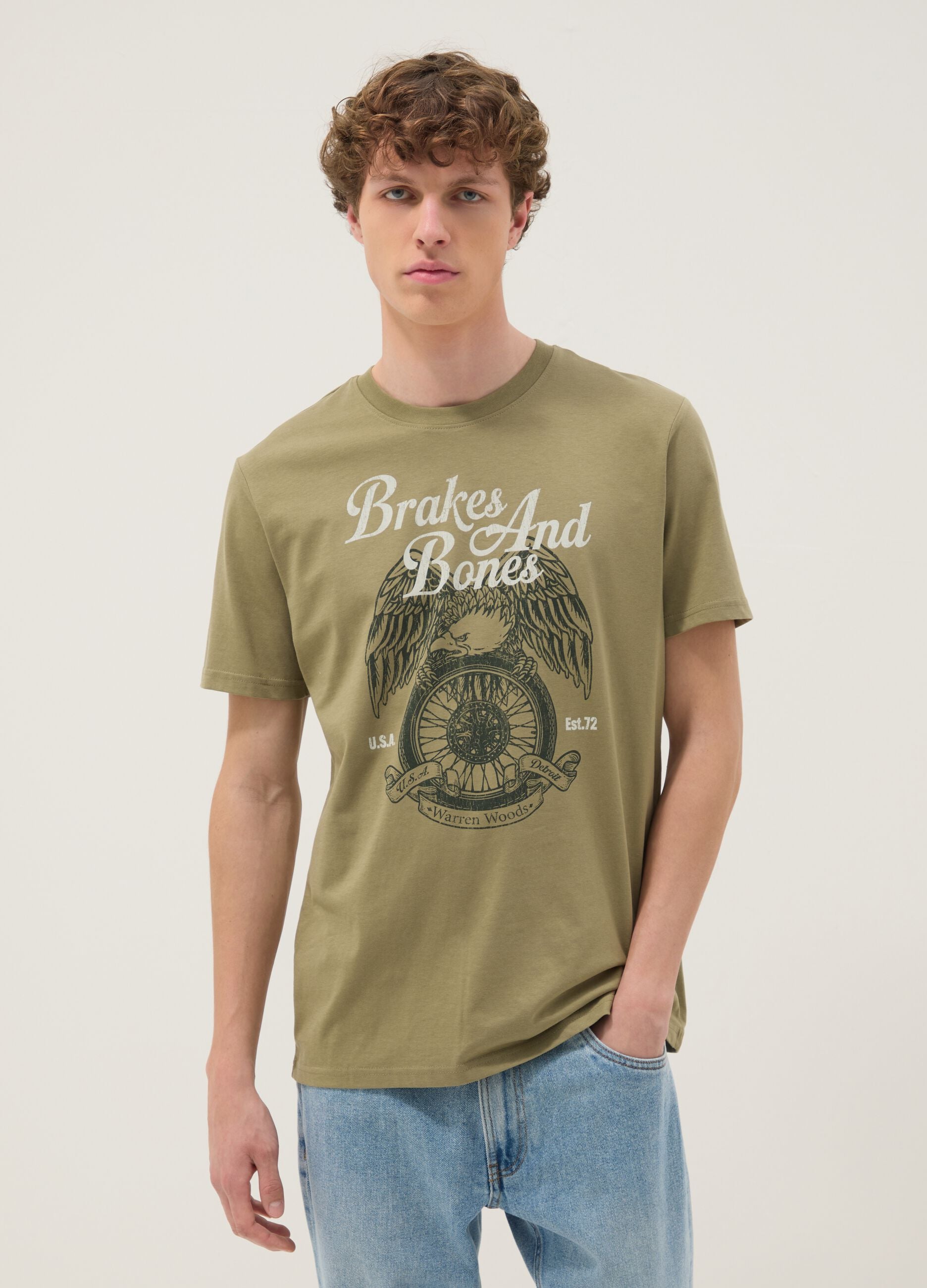 Green printed T-shirt in pure cotton, regular fit