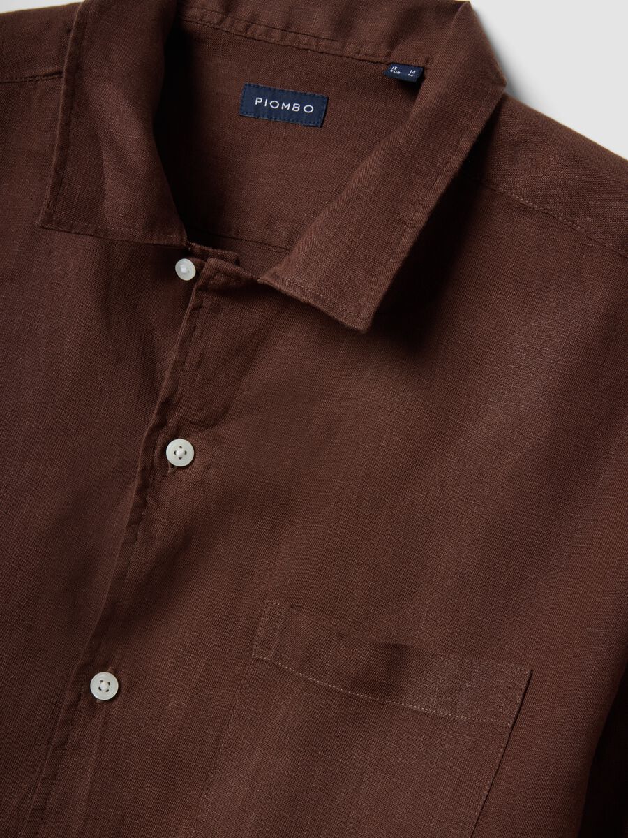 Camicia a maniche corte in puro lino marrone regular fit_6