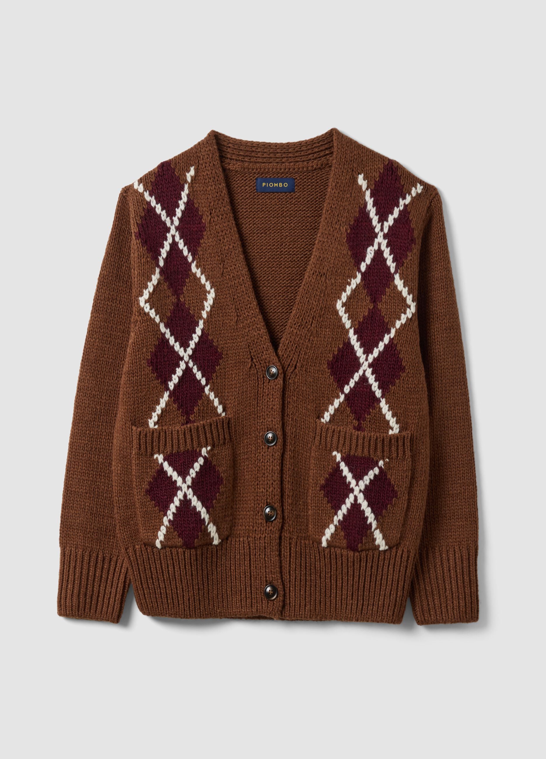Brown wool-blend argyle crew-neck cardigan in an oversized fit