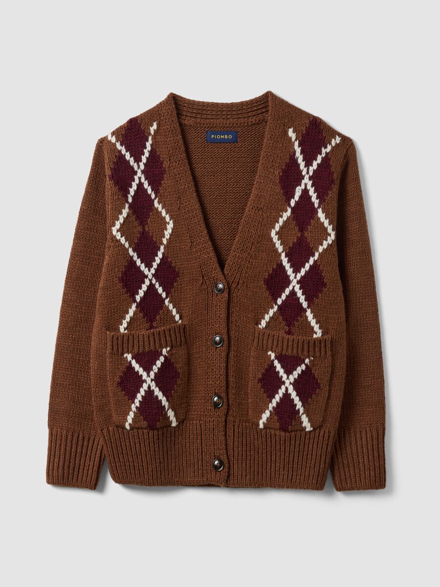 Brown wool-blend argyle crew-neck cardigan in an oversized fit_0
