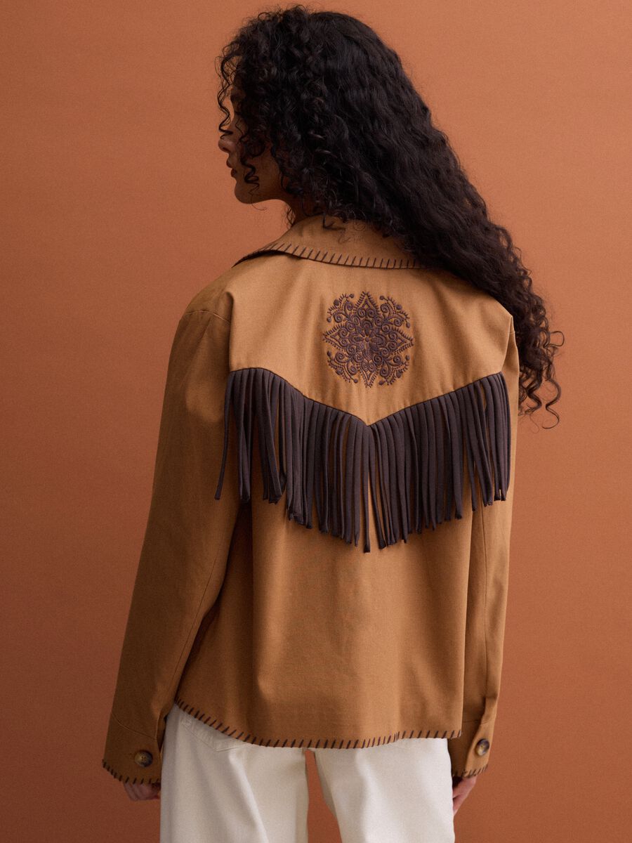 Brown pure cotton fringed shacket, regular fit_3