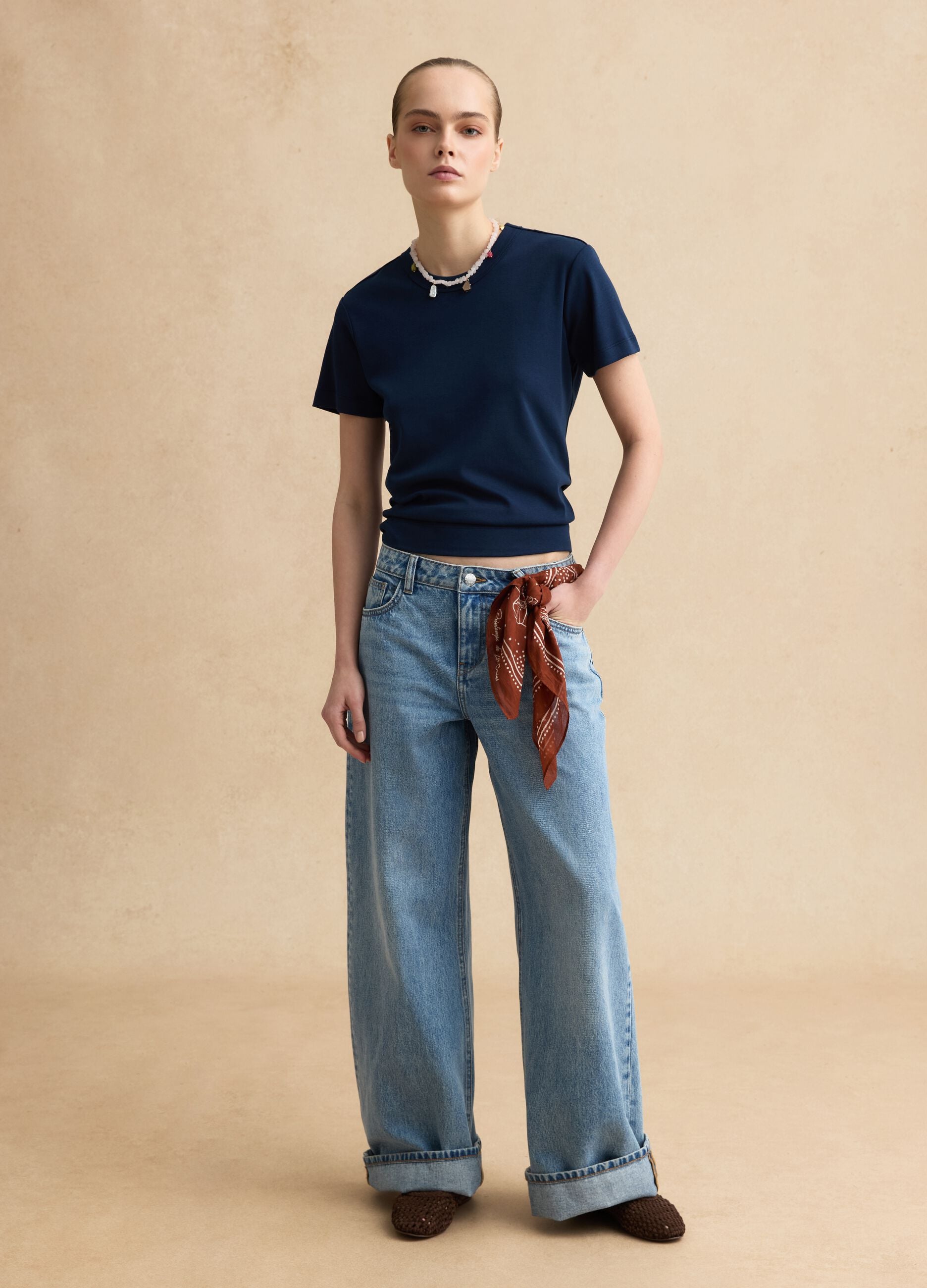 Regular fit blue cotton blend short sleeve t-shirt