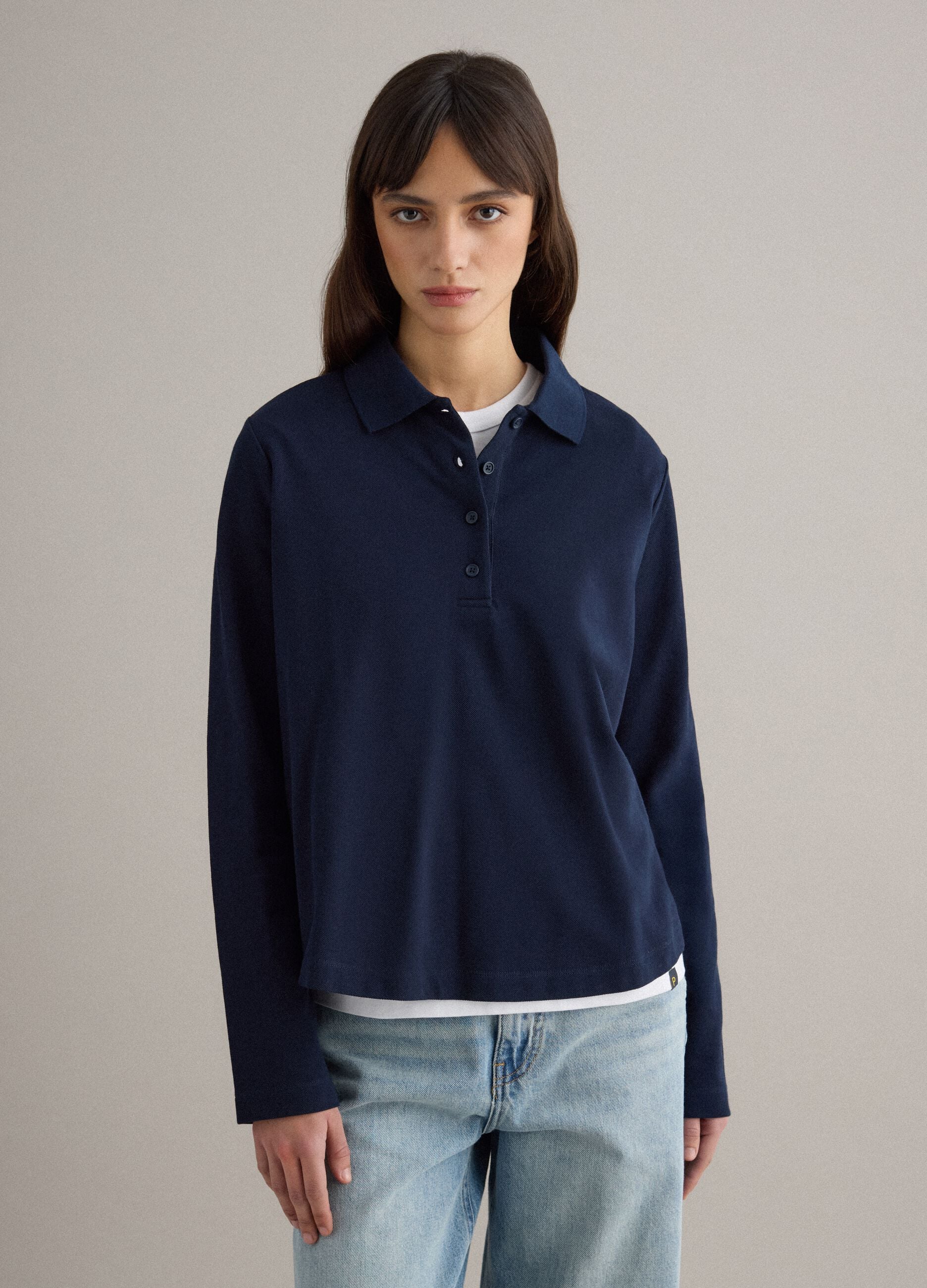 Long-sleeve blue polo shirt in pure cotton regular fit