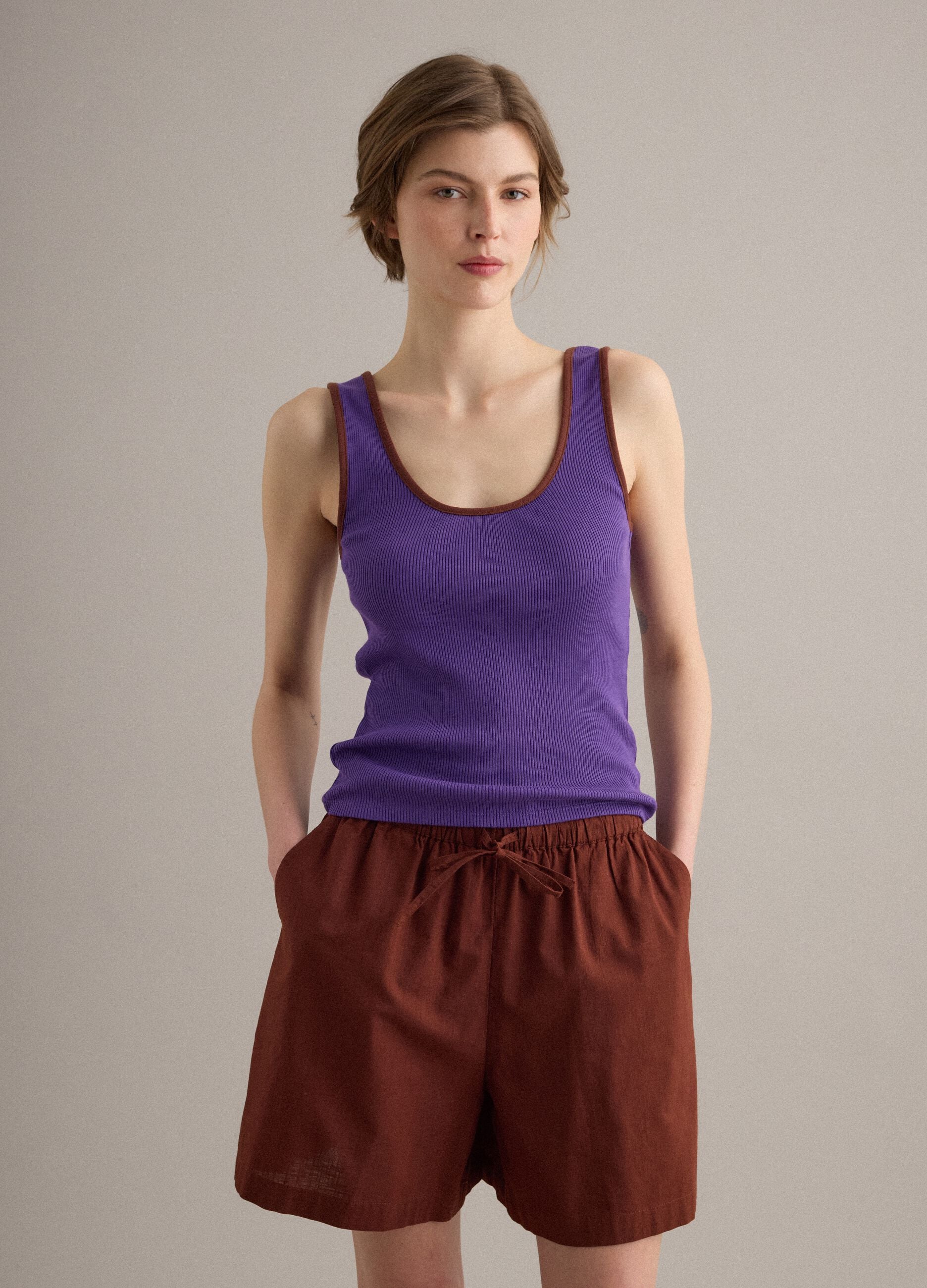 Tank top viola in puro cotone a costine
