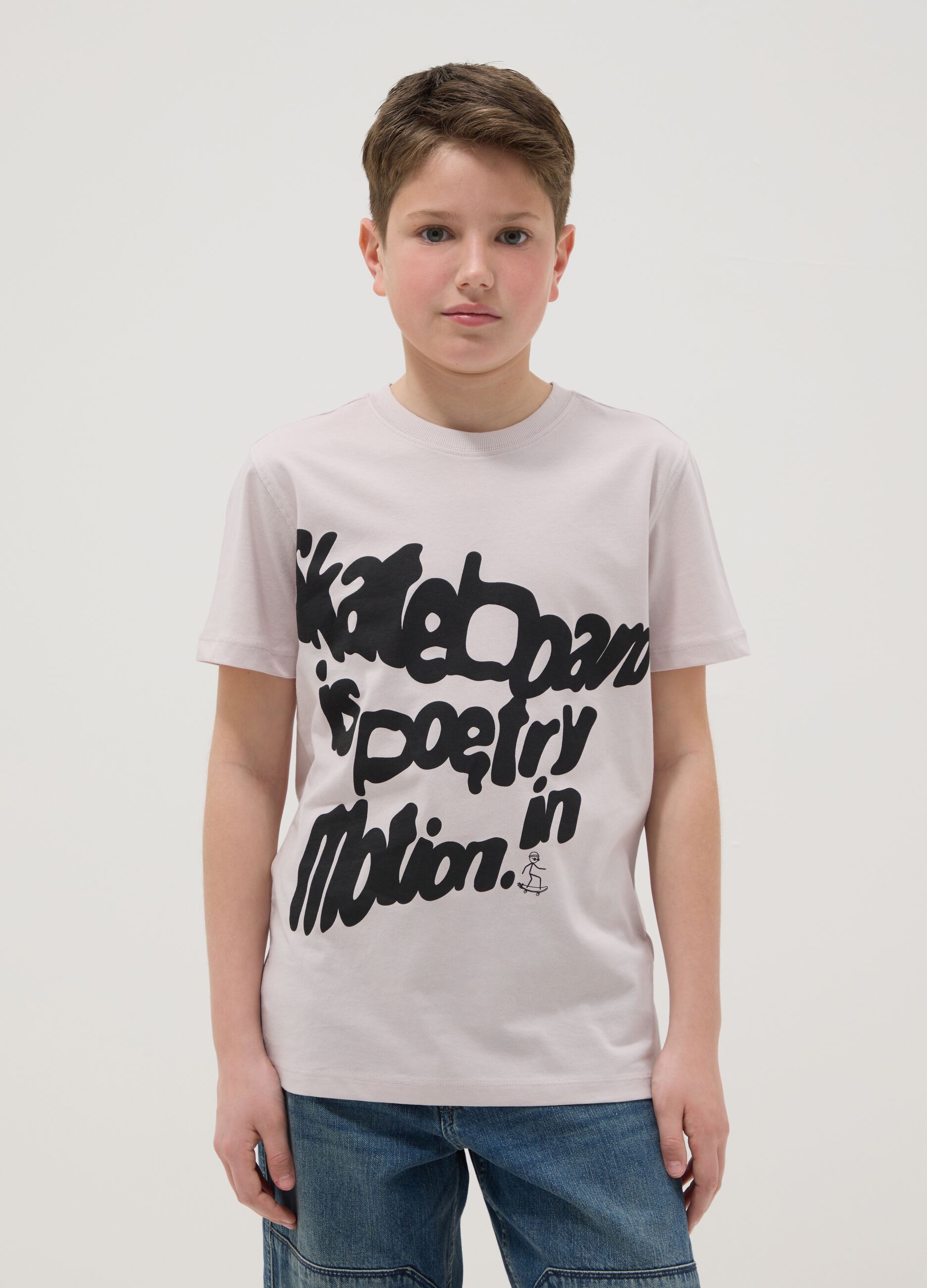 T-shirt in puro cotone beige da ragazzo regular fit con stampa