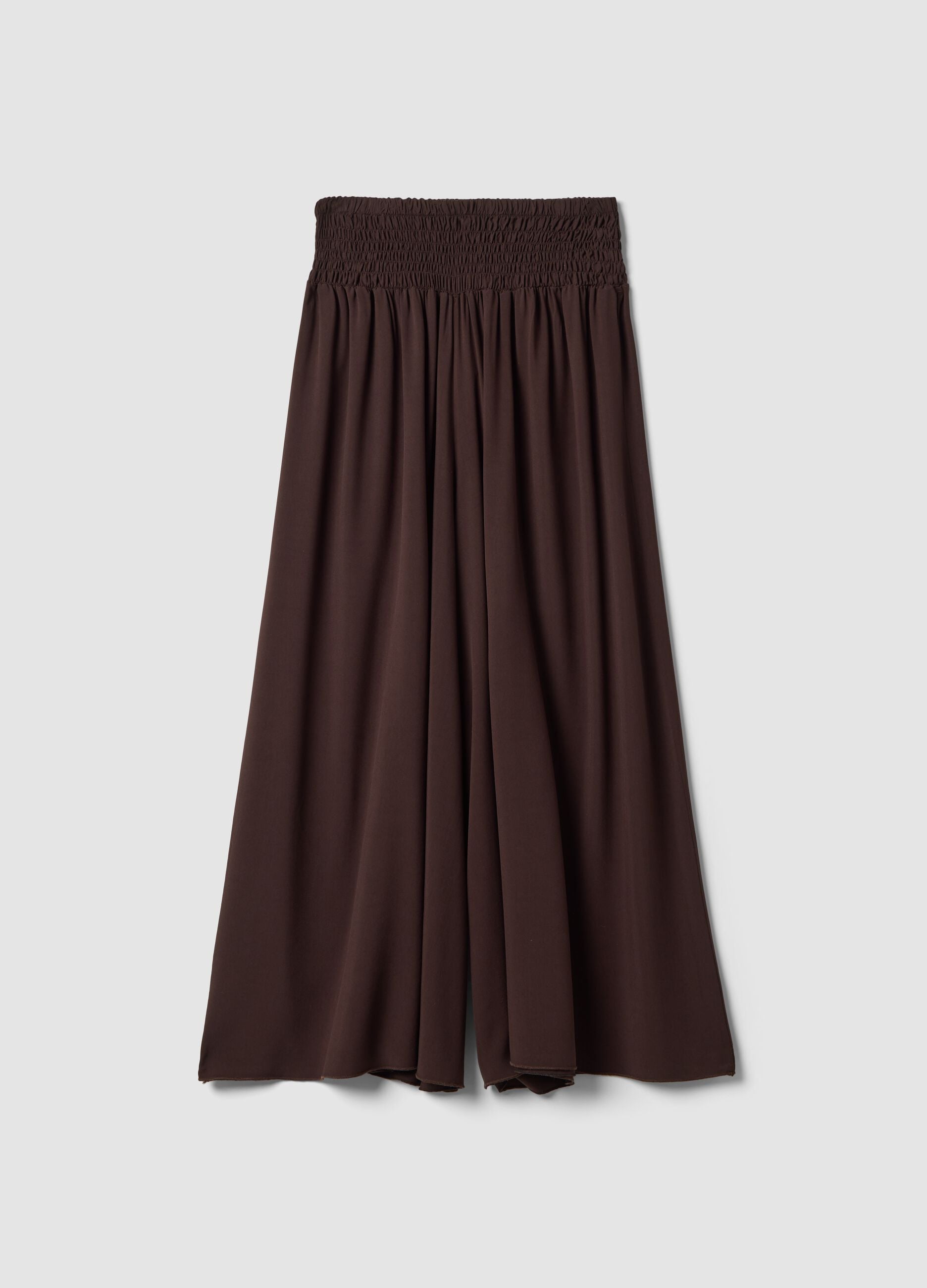 Wide brown pure viscose trousers with elasticated waist, regular fit